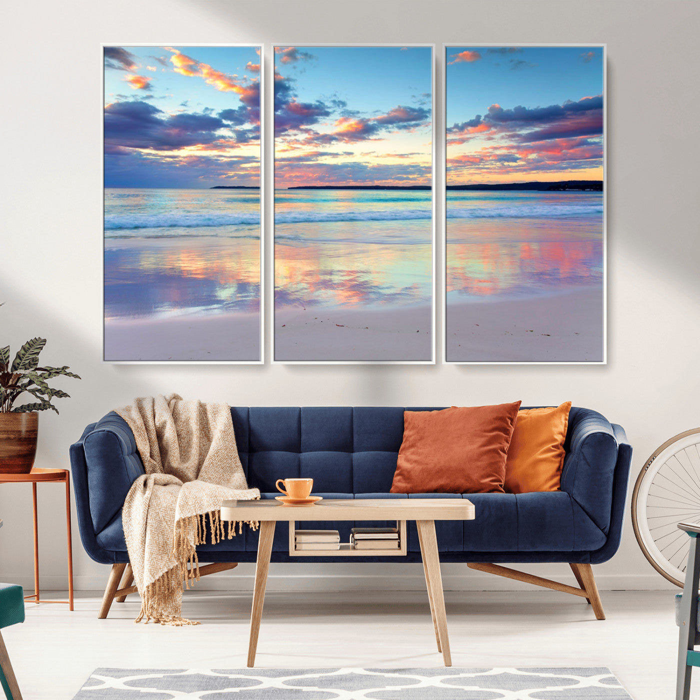 MGV-FC-48X32-3P - Tranquil Pastel Sunset Beach Triptych Canvas Art, Soothing Coastal Ocean Shoreline Giclee Print, Beach Reflections Wall Decor for Serene Spaces