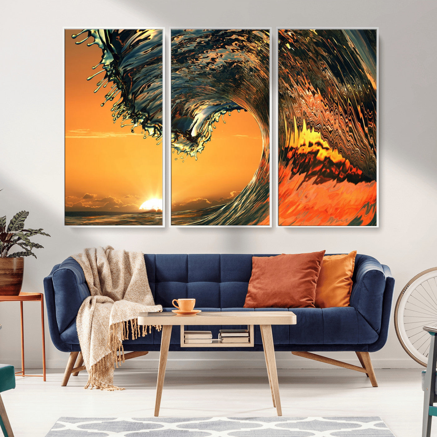 -Surf Wave Sunset Canvas Wall Art Print, 3-Panel Ocean Coastal Wall Art Print, Ocean Decor for