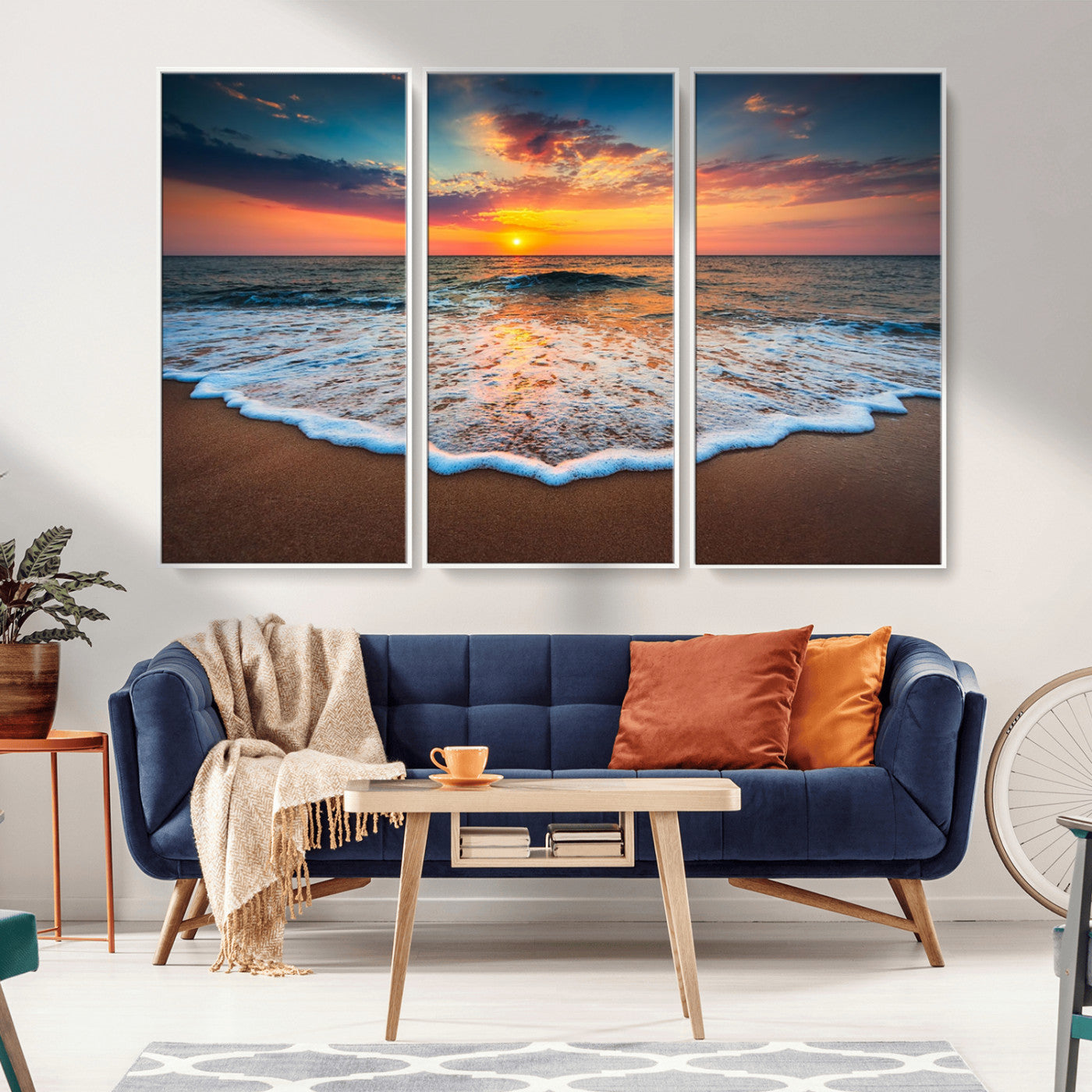 MGV-FC-48X32-3P - Sunset Beach Canvas Wall Art – Colorful Ocean Waves Triptych – Coastal Decor for Living Room or Bedroom – Framed and Ready to Hang