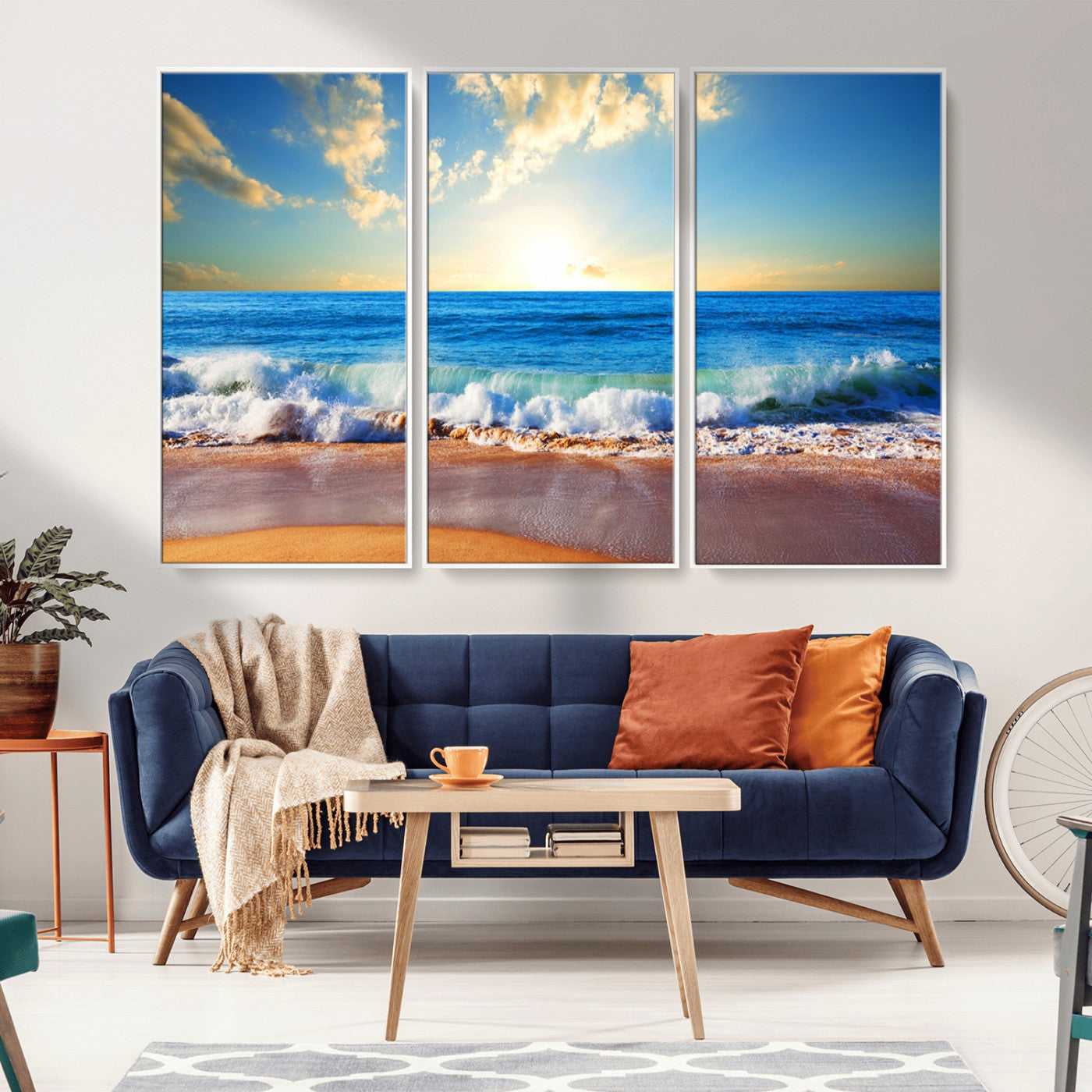 MGV-FC-48X32-3P - Tropical Beach Sunset Canvas Art, Ocean Waves and Sandy Shoreline Wall Art, Large Beach Decor for Coastal Homes