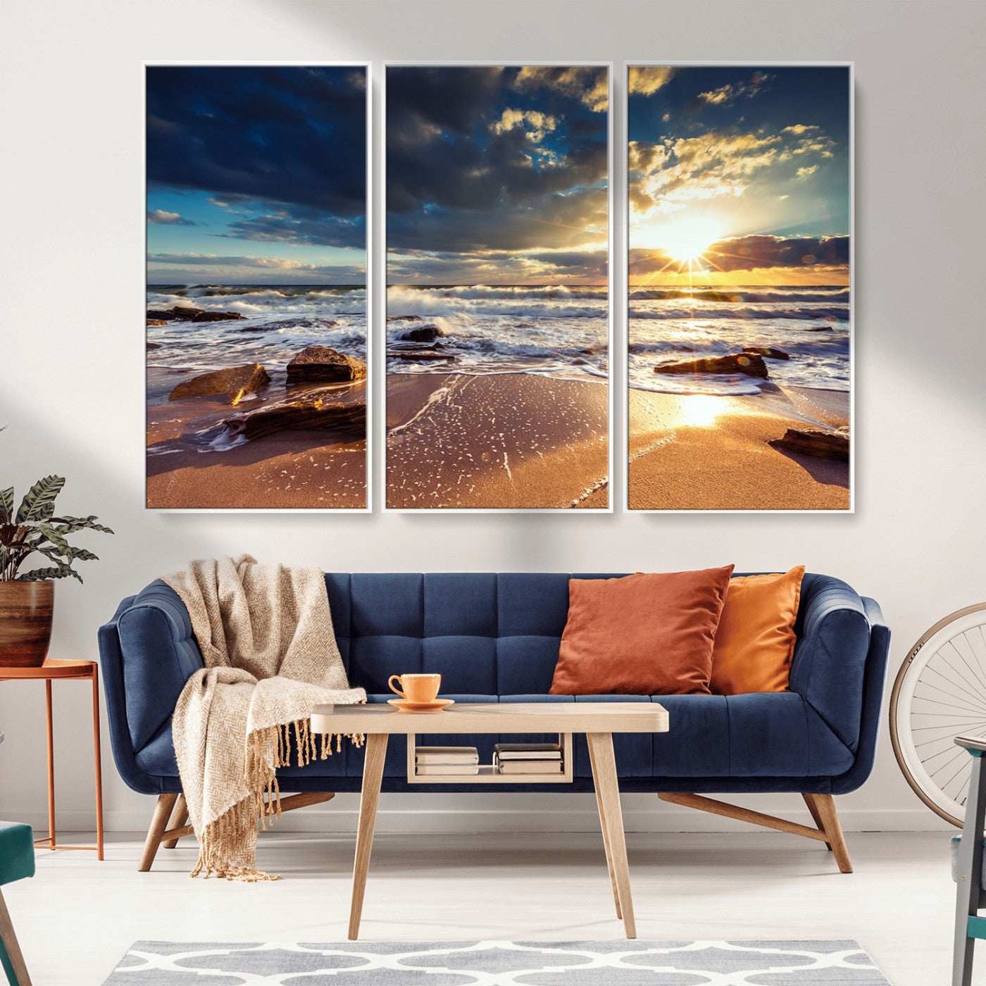 MGV-FC-48X32-3P - Golden Hour Beach Sunset Canvas Triptych, Ocean Waves and Rocks Wall Art for Coastal Home Decor