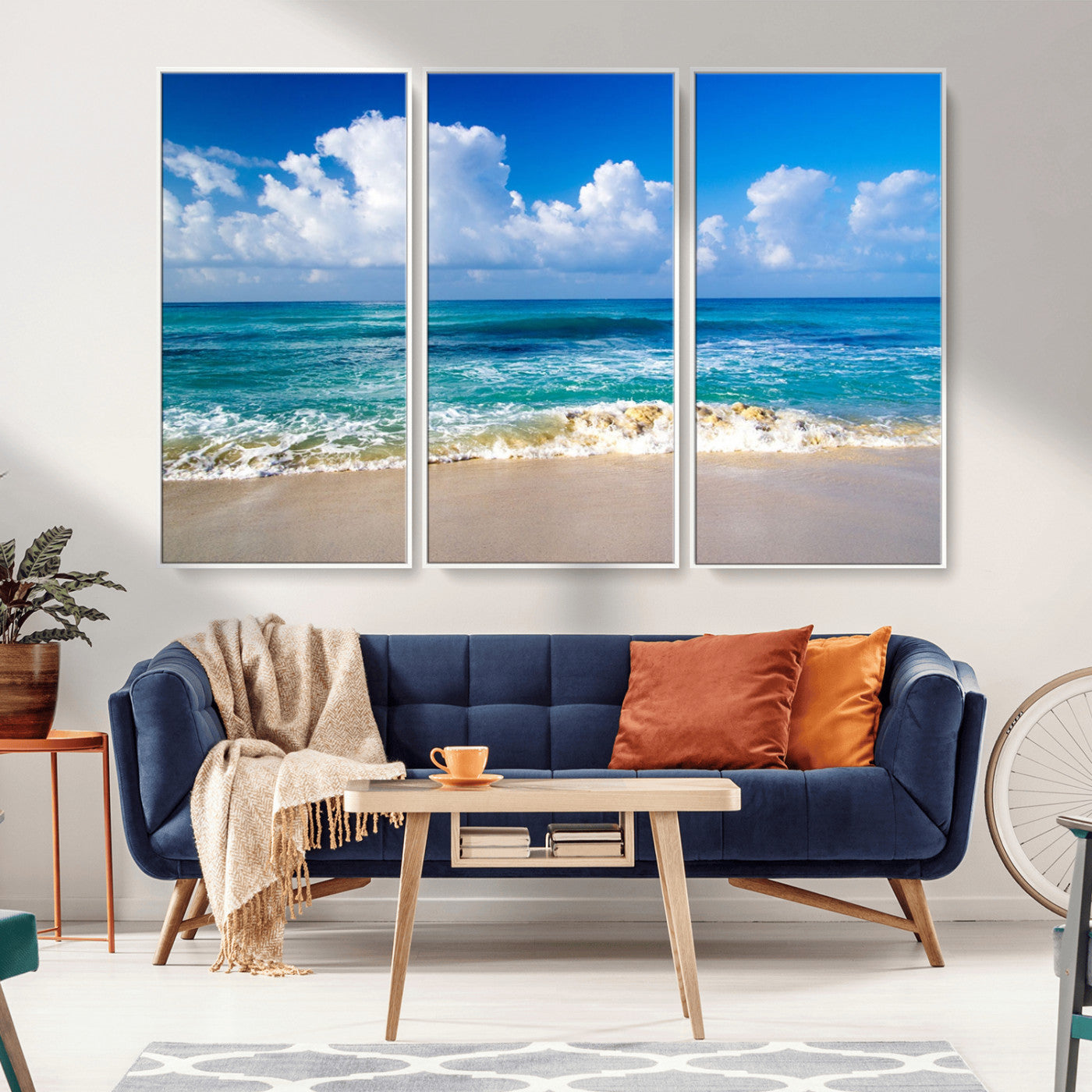 MGV-FC-48X32-3P - Tropical Beach 3-Panel Canvas Wall Art – Serene Ocean Waves and Blue Sky – Giclée Print for Living Room, Office, or Bedroom Coastal Decor