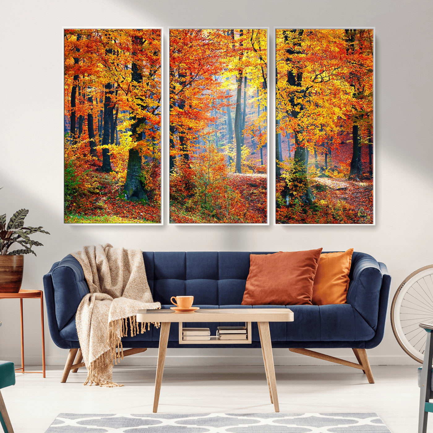 MGV-FC-48X32-3P - Autumn Red Forest Triptych Canvas Wall Art Print, Forest Wall Decor, Fall Landscape Art | Season Nature Landscape for Home or Office