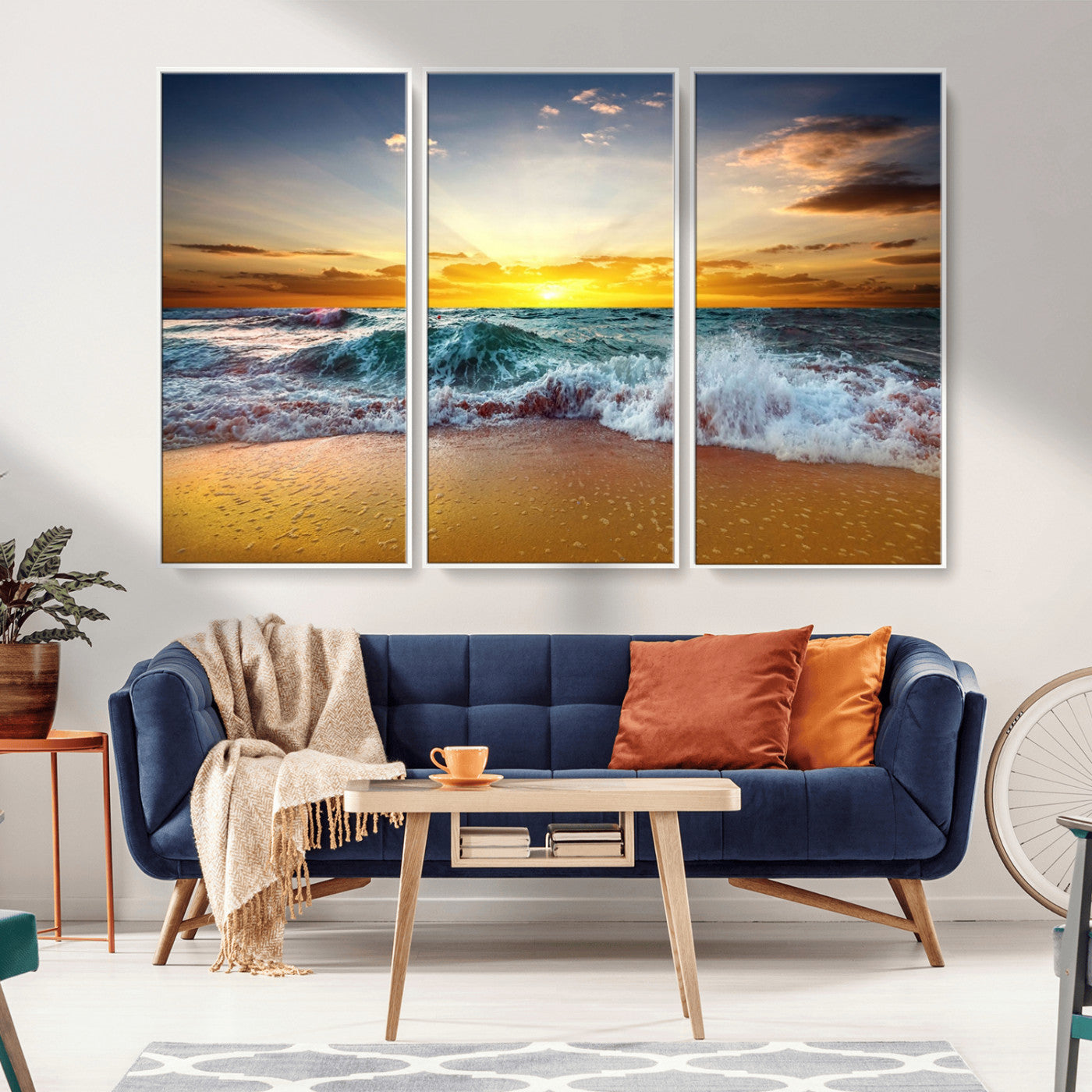 MGV-FC-48X32-3P - Golden Sunset Ocean Waves Wall Art Canvas Print – Multi Panel Beach Canvas Print Set – Large Coastal Triptych Print for Home or Farmhouse Decor