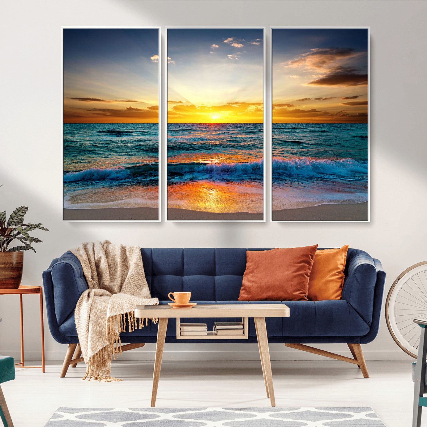 MGV-FC-48X32-3P - Vibrant Ocean Sunrise Over Golden Beach Waves, Giclee Canvas Wall Art Set, High-Quality Stretched Canvas Print, Ready to Hang Coastal Sunset Wall
