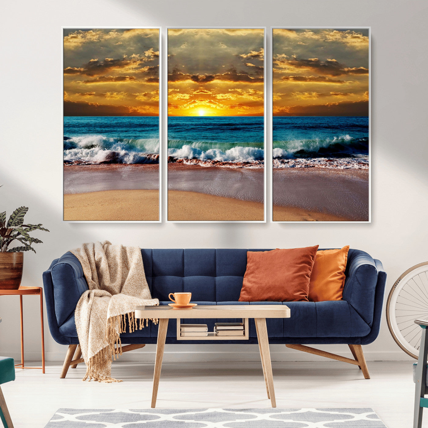 MGV-FC-48X32-3P - Ocean Sunrise Over Golden Beach Waves, Giclee Canvas Wall Art Set, High-Quality Stretched Canvas Print, Ready to Hang Coastal Sunset Wall Decor