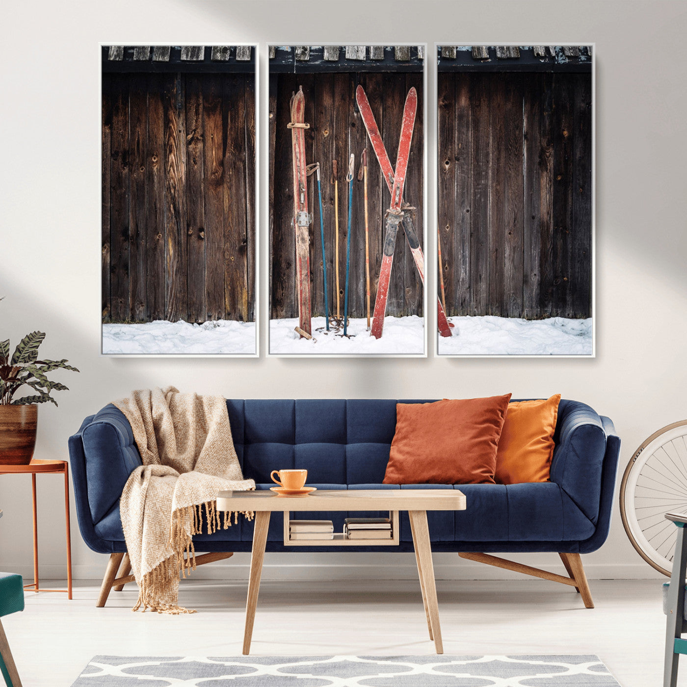 MGV-FC-48X32-3P - Vintage Ski Gear Against Wooden Cabin Wall, Rustic Winter Sports Equipment Canvas Print, Ready to Hang Wall Art, Perfect for Lodge or Ski Cabin Decor