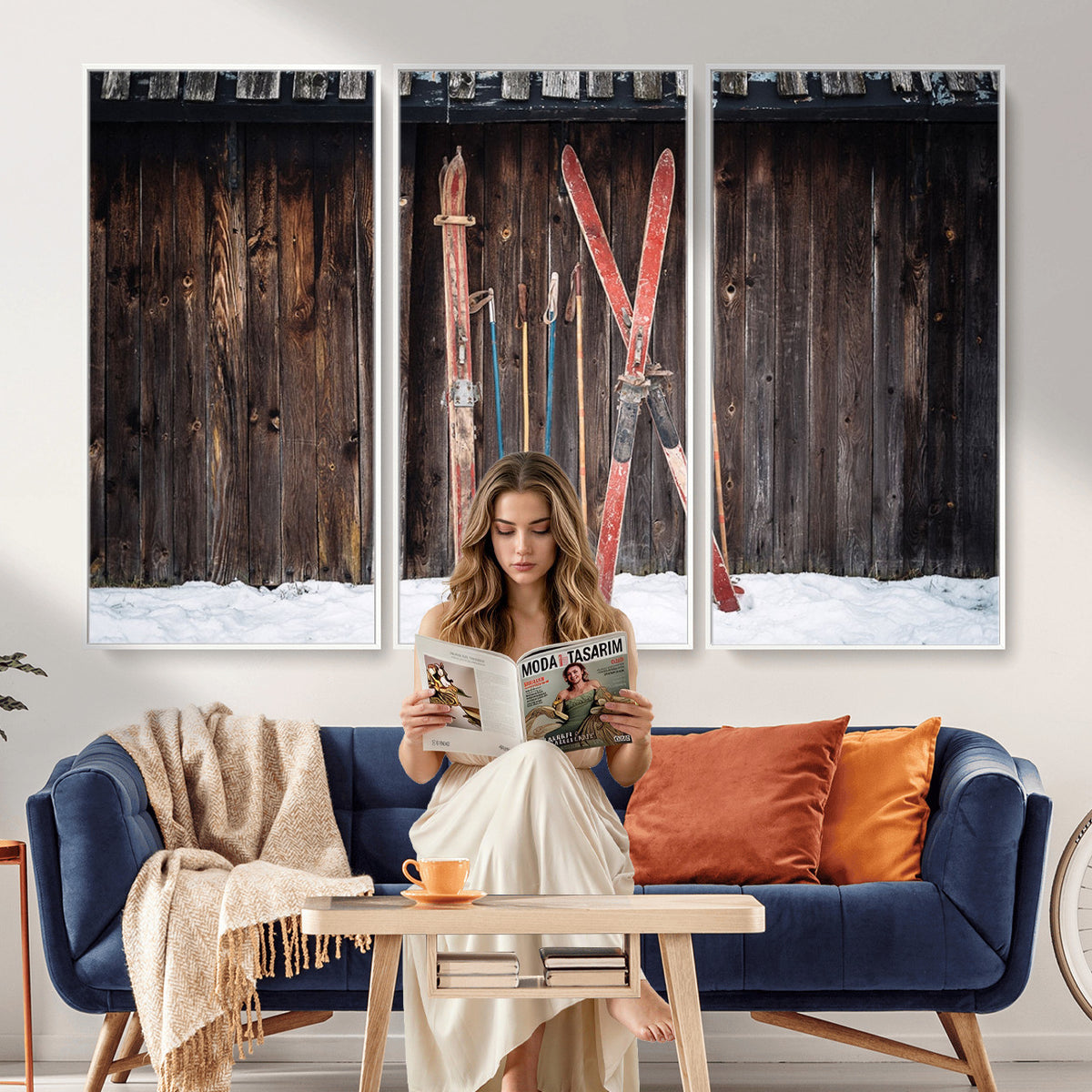 78590-MGV-CV-36X24 - Vintage Ski Gear Canvas Print, Vintage Ski Gear Against Wooden Cabin Wall
