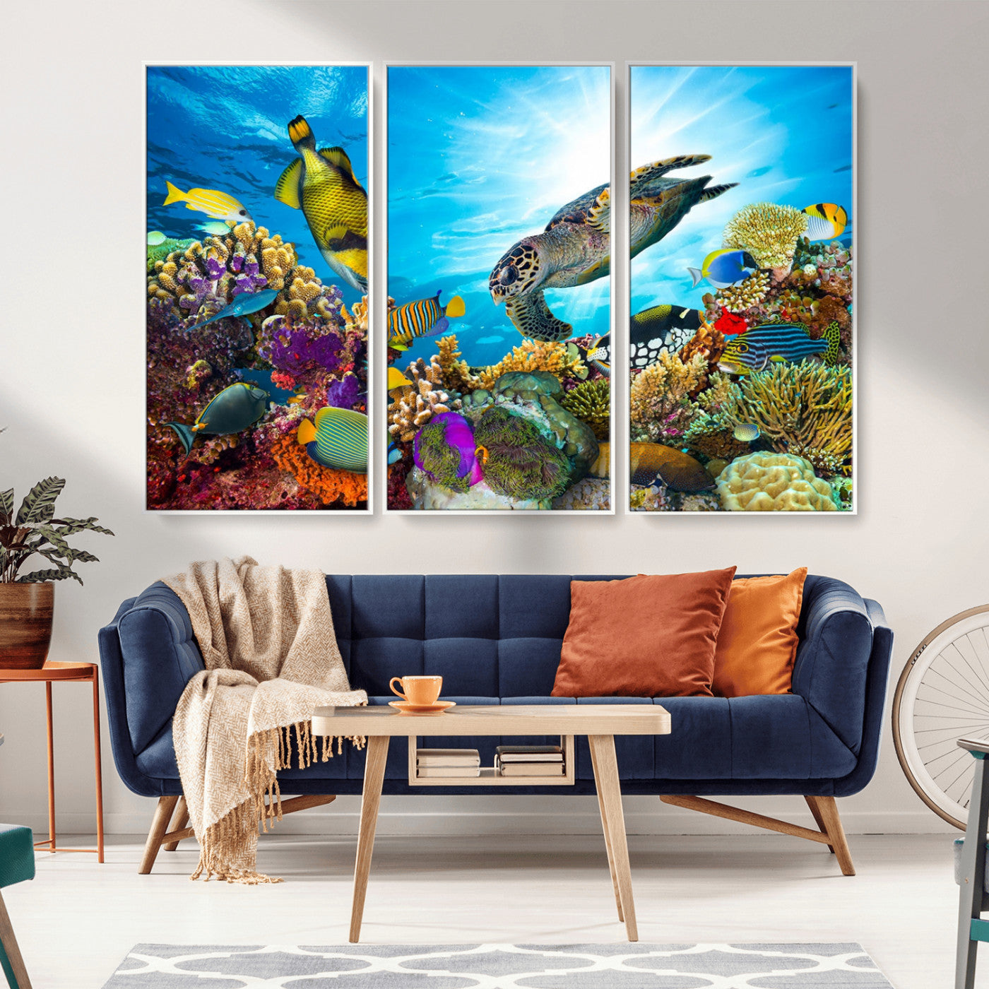MGV-FC-48X32-3P - Sea Turtle Coral Reef Wall Art Print – Colorful Underwater Canvas Print – Tropical Ocean Marine Life Artwork – Perfect for Coastal Home Decor