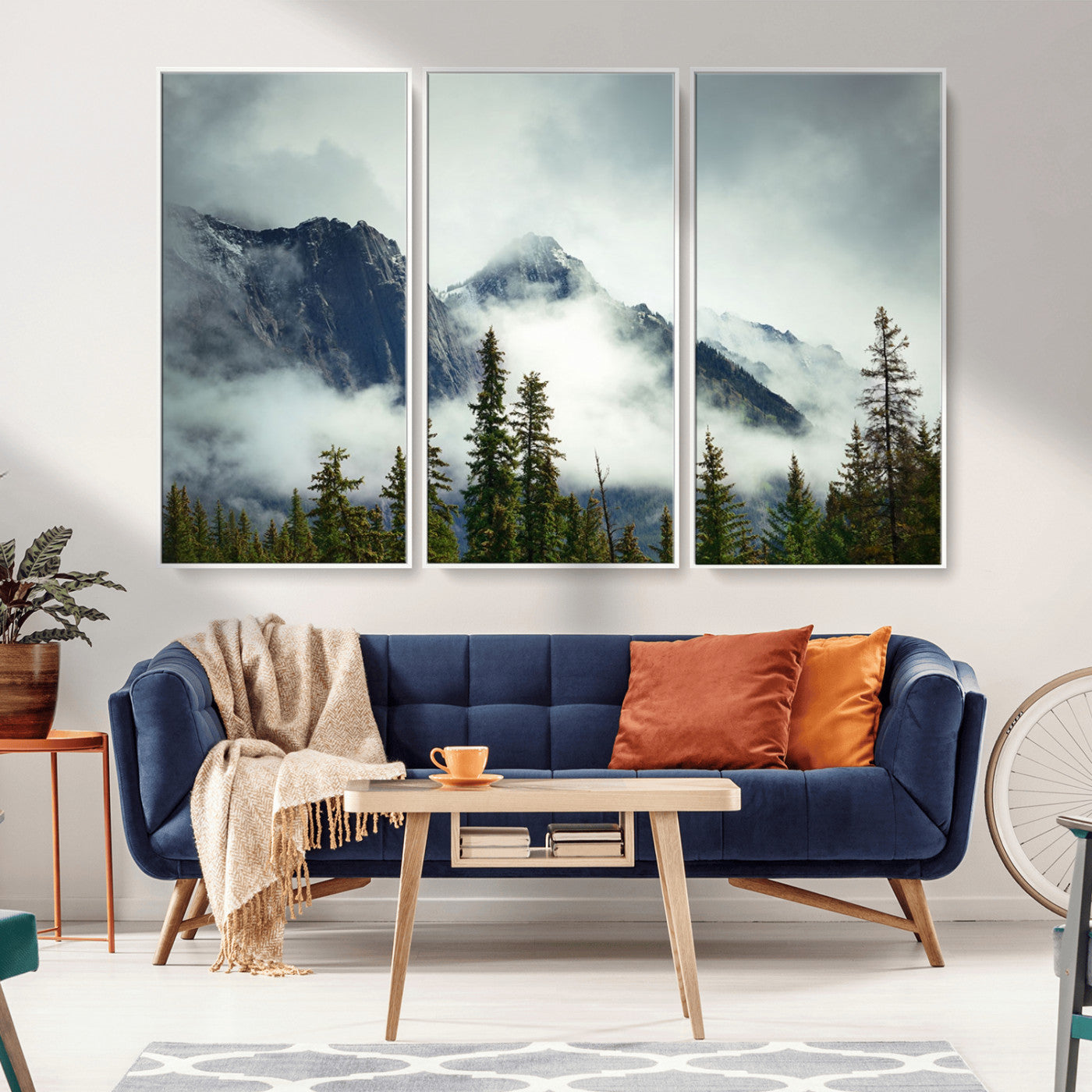 MGV-FC-48X32-3P - Mountain Mist Canvas Wall Art | 3-Panel Foggy Forest and Mountain Landscape | Large Giclee Print for Living Room, Office, or Cabin, Farmhouse Decor