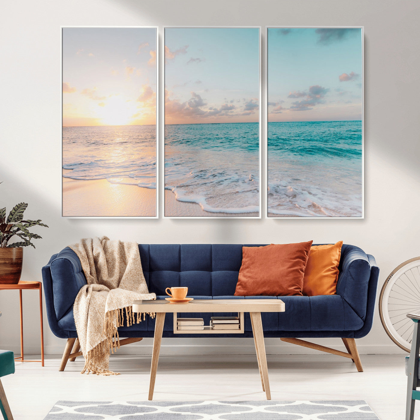 MGV-FC-48X32-3P - Tranquil Ocean Beach Sunset Canvas Wall Art | 3-Panel Coastal Decor
