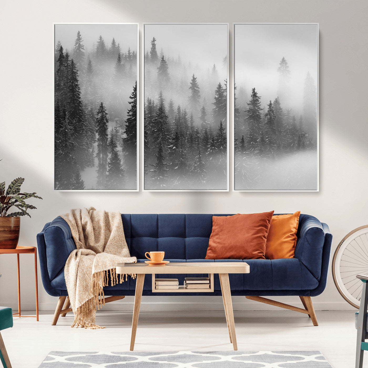 MGV-FC-48X32-3P - Black and White Forest Wall Art Print – Misty Pine Tree Canvas Print – Winter Woodland Nature Artwork – Perfect for Minimalist Home Decor