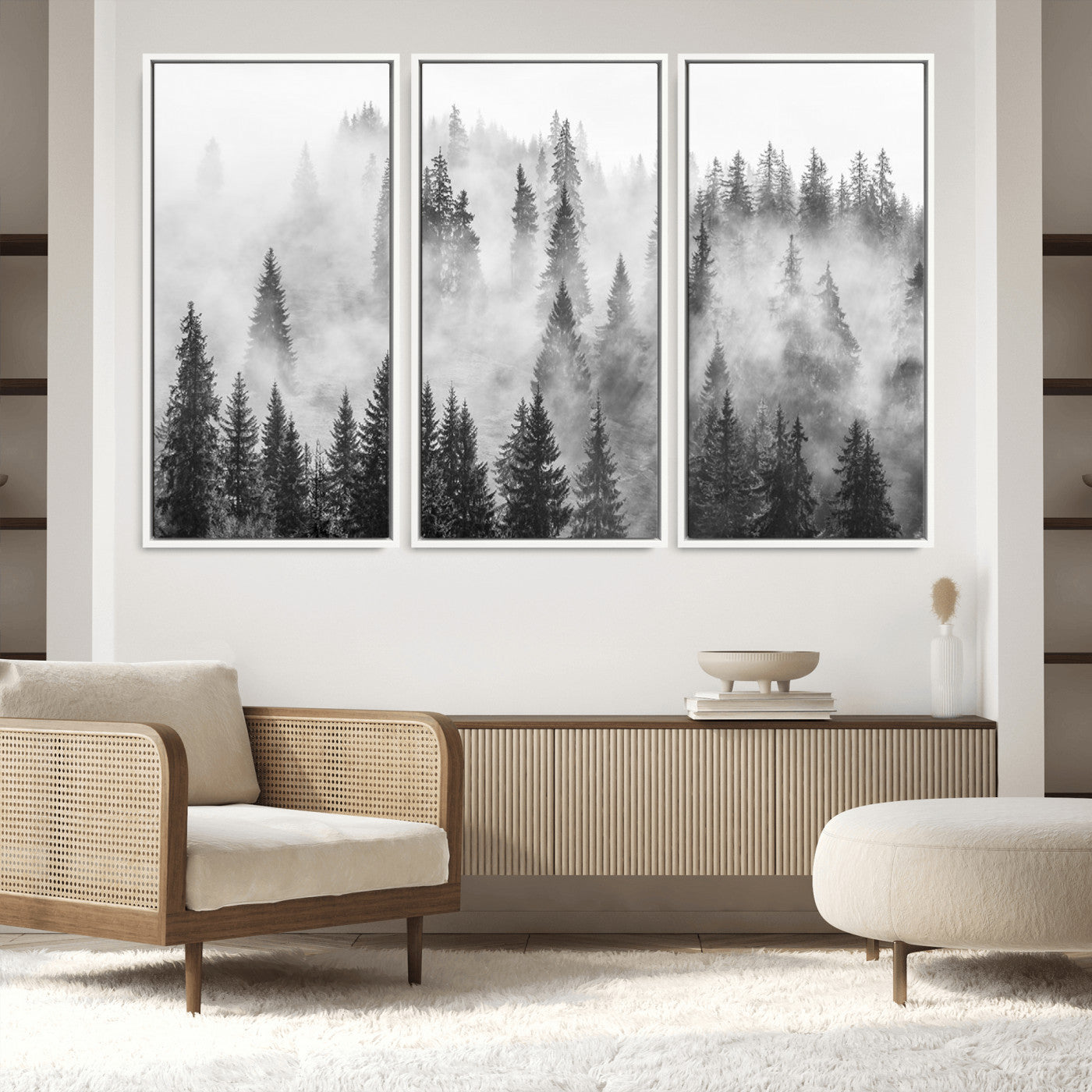 10422-MGV-FC-60X40-3P_White-Forest Wall Art Print | Foggy Pine Forest Canvas Wall Art - Black and White Nature Decor for Living Room