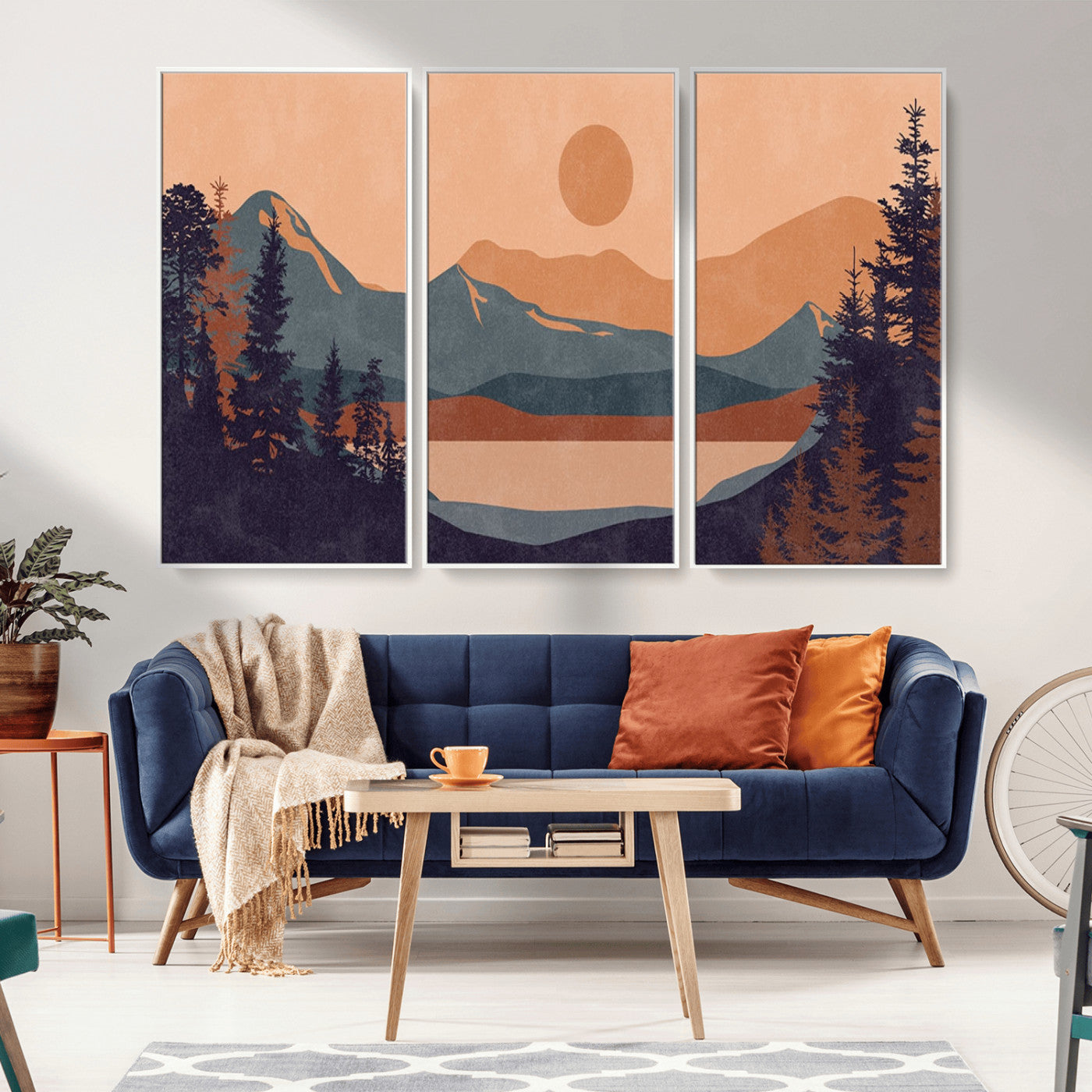 MGV-FC-48X32-3P - Modern Boho Sunset Canvas Print, Mountain Landscape Triptych – Giclée Canvas Art Print for Living