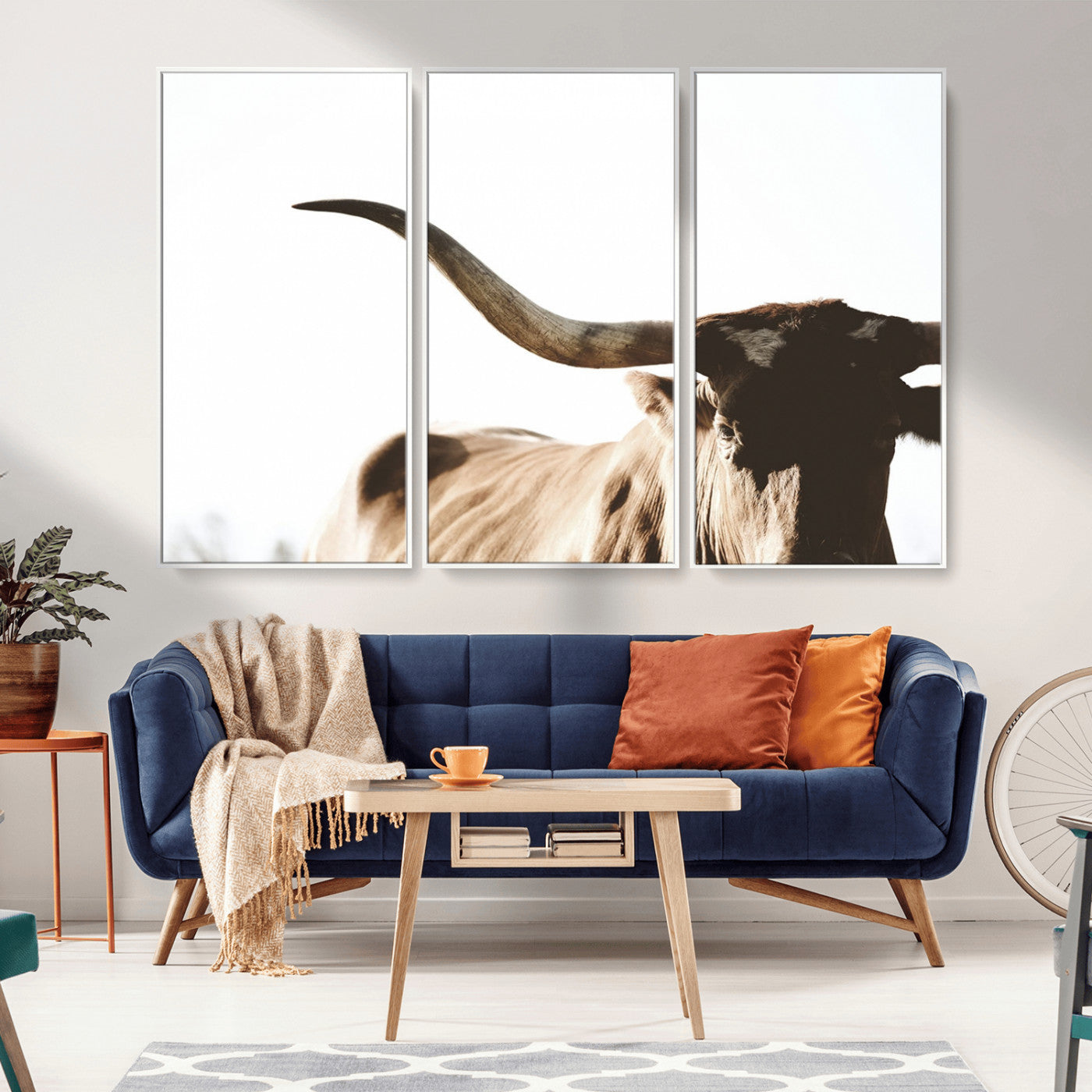 MGV-FC-48X32-3P - Texas Longhorn Wall Art Canvas Print | 3-Panel Large Longhorn Canvas Print for Living Room, Framed Gallery Wrap Office, Rustic Western Cowboy Decor