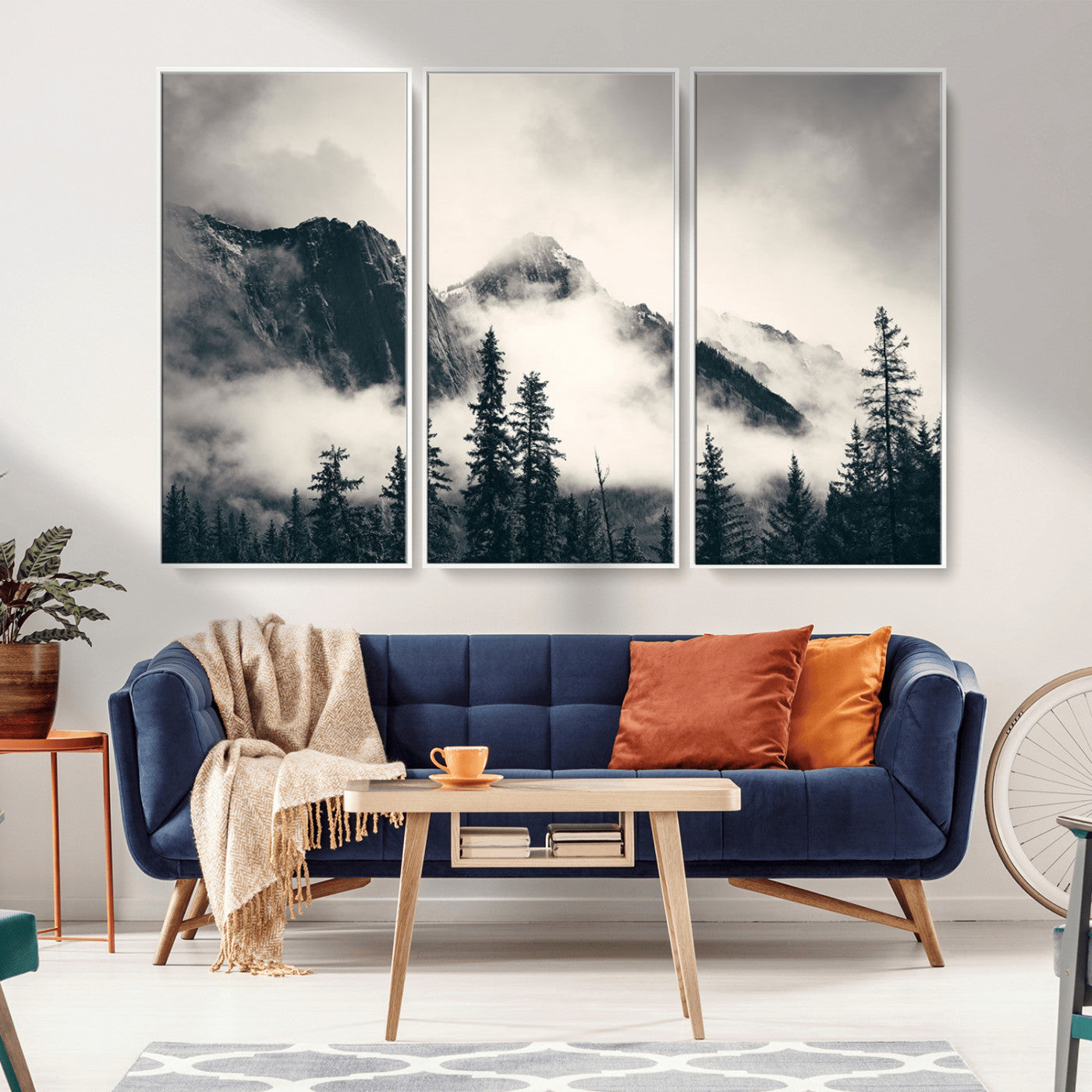 MGV-FC-48X32-3P - Large Foggy Mountain Forest Wall Art Canvas Print | Misty Mountain Peaks and Pine Trees Print | Framed Gallery Wrap | Rustic Nature Farmhouse Decor