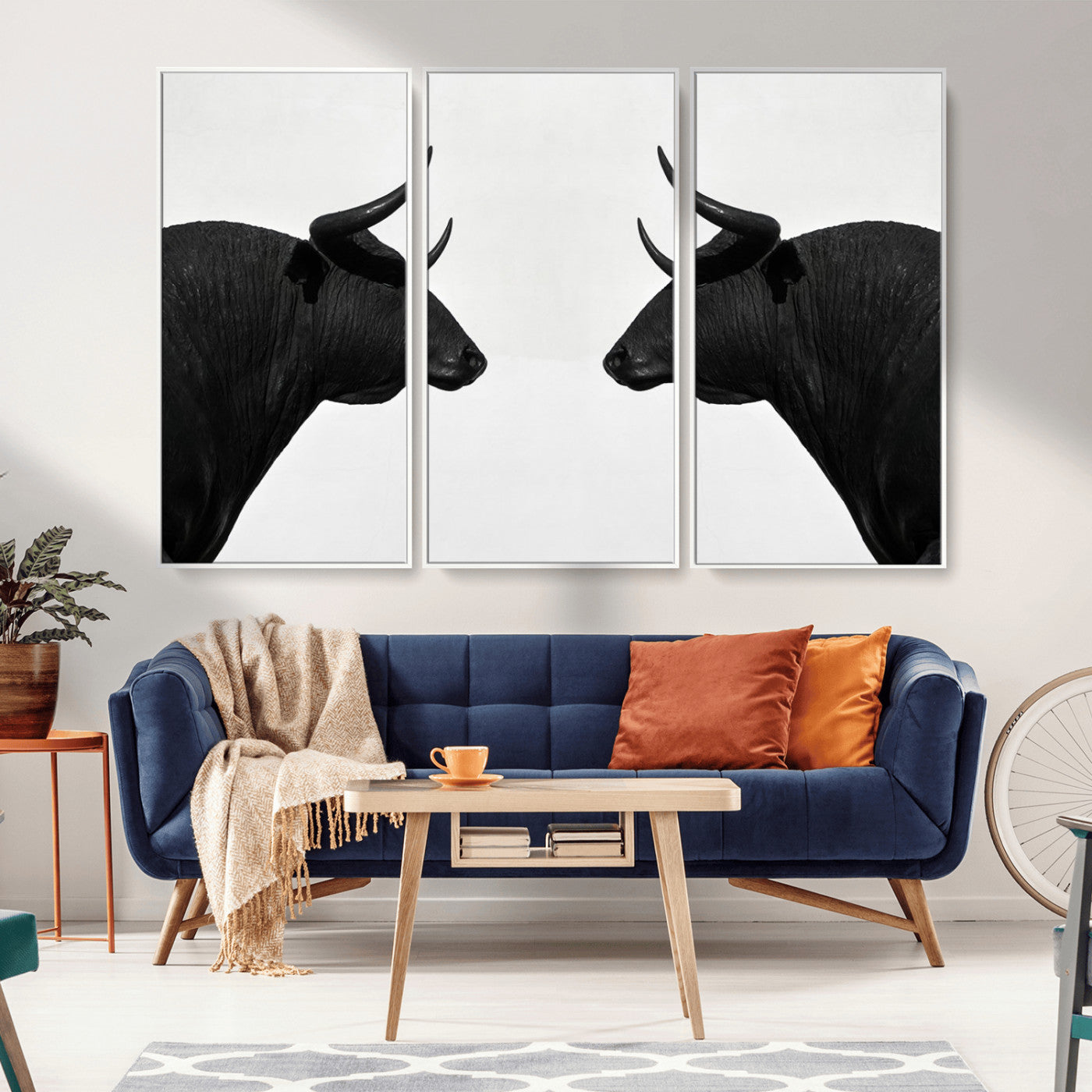 -Spanish Bull Art - Framed Black and White Bull Canvas Print for Modern Rustic Home or Office Decor