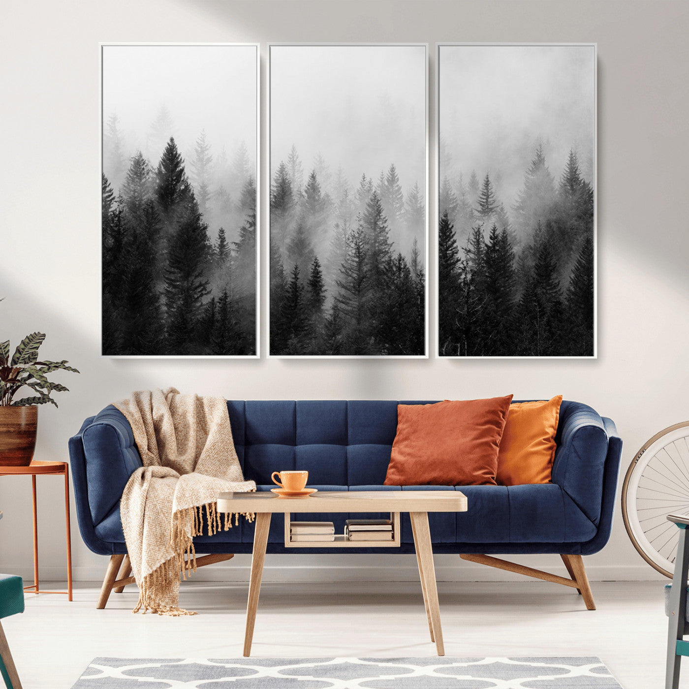 MGV-FC-48X32-3P - Foggy Black and White Forest Wall Art, 3 Panel Misty Pine Trees Canvas Print for Living Room, Office, or Bedroom, Nature-Inspired Woodland Wall Decor