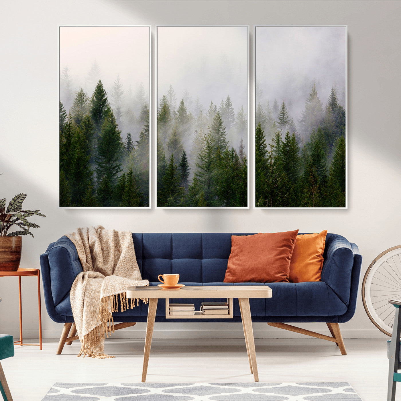 MGV-FC-48X32-3P - Misty Pine Forest Wall Art Canvas Print | 3 Panel Green Woodland Canvas Print for Living Room, Office, or Dining Room | Nature Foggy Forest Decor