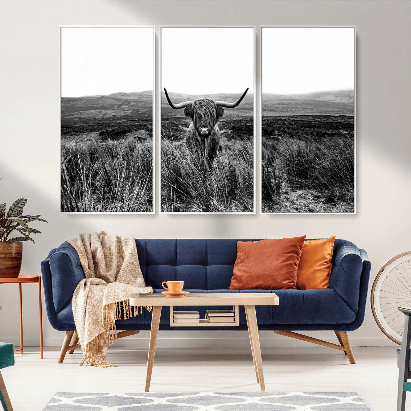 MGV-FC-48X32-3P - Black and White Highland Cow Canvas Wall Art, Longhorn Triptych Western Wall Decor for Cabin -