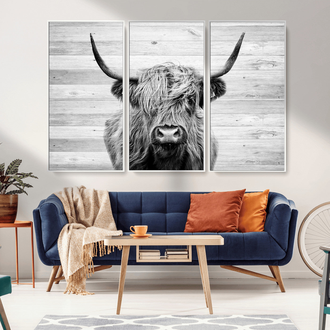 MGV-FC-48X32-3P - Scottish Highland Cow Cattle Art Print on Wood Background Style