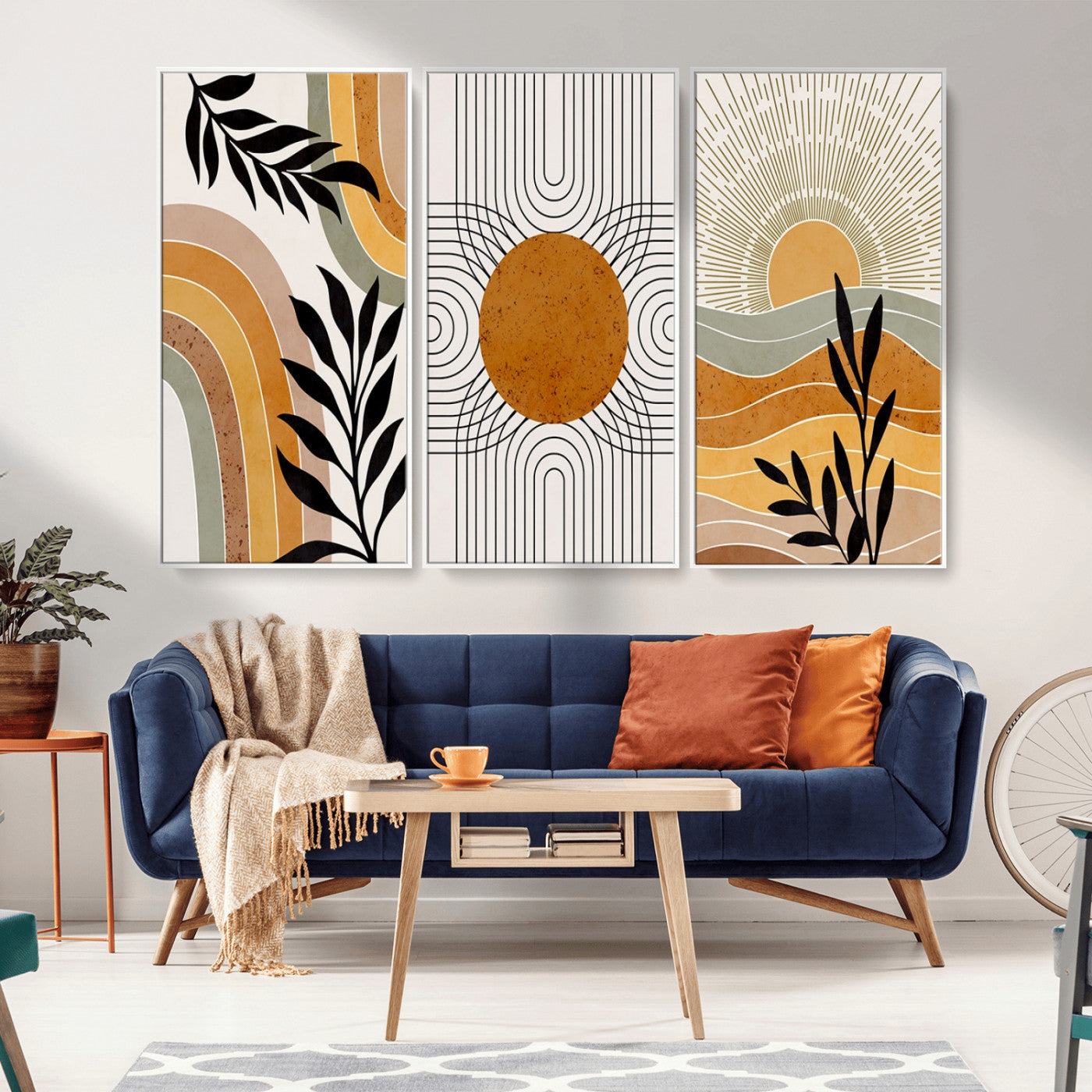 MGV-FC-48X32-3P - Modern Boho Sun and Leaf Abstract Art – 3-Panel Giclée Canvas for Mid-Century Modern or Bohemian