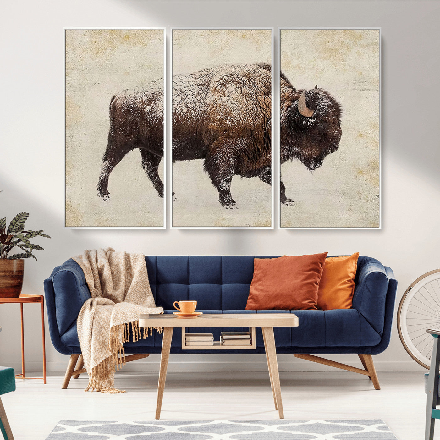 MGV-FC-48X32-3P - Buffalo Wall Art, Western Bison Canvas Print, Rustic Buffalo Art for Cowboy Western Decor, Large Multi-Panel Giclee Canvas for Farmhouse Wall Decor