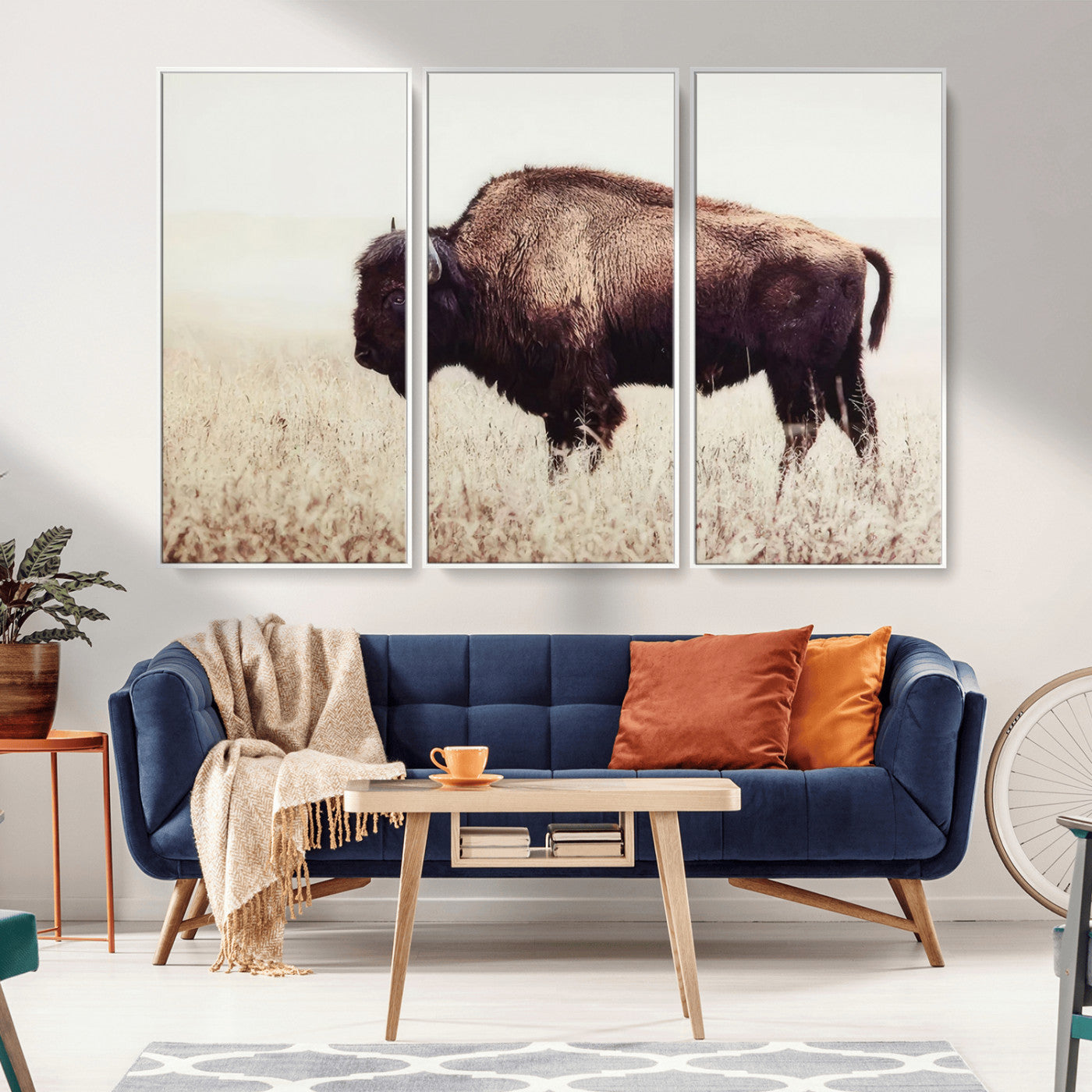 MGV-FC-48X32-3P - Bison in Field Wall Art Canvas Print For Farmhouse Barn Decor