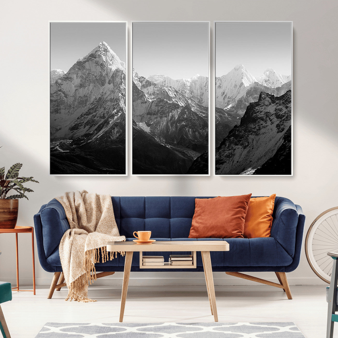 MGV-FC-48X32-3P - Everest Himalaya Mountain Peaks Black & White Triptych Canvas Art – Mountain Wall Decor for Minimalist Interiors