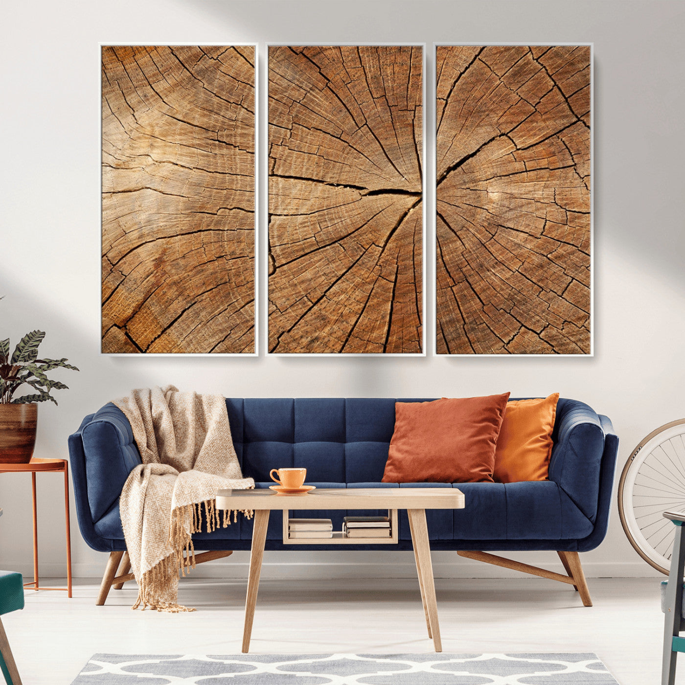MGV-FC-48X32-3P - Tree Ring Canvas Art, Rustic Wood Grain Wall Art, Tree Slice Decor for Modern Homes, Giclee Multi-Panel Print, Tree Ring Wall Art Set