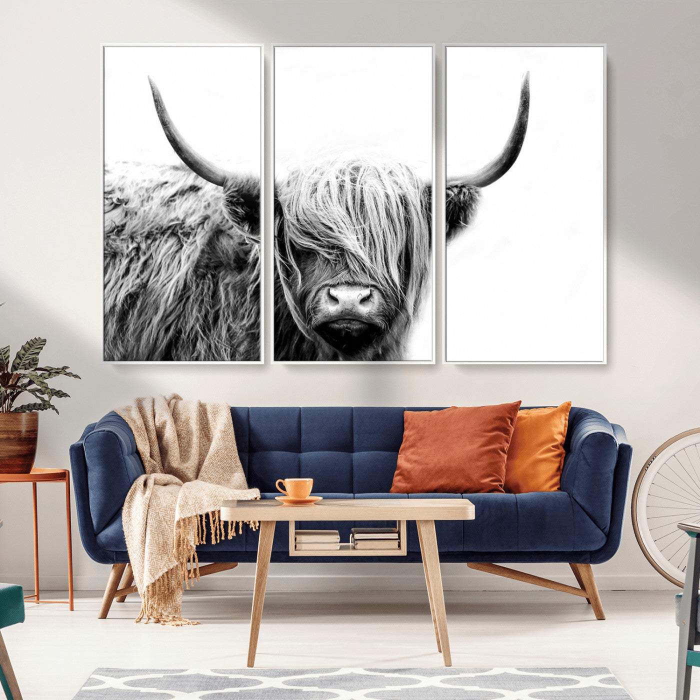 MGV-FC-48X32-3P - Black White Scottish Highland Cow Cattle Art Print Farmhouse Wall Art Canvas Print