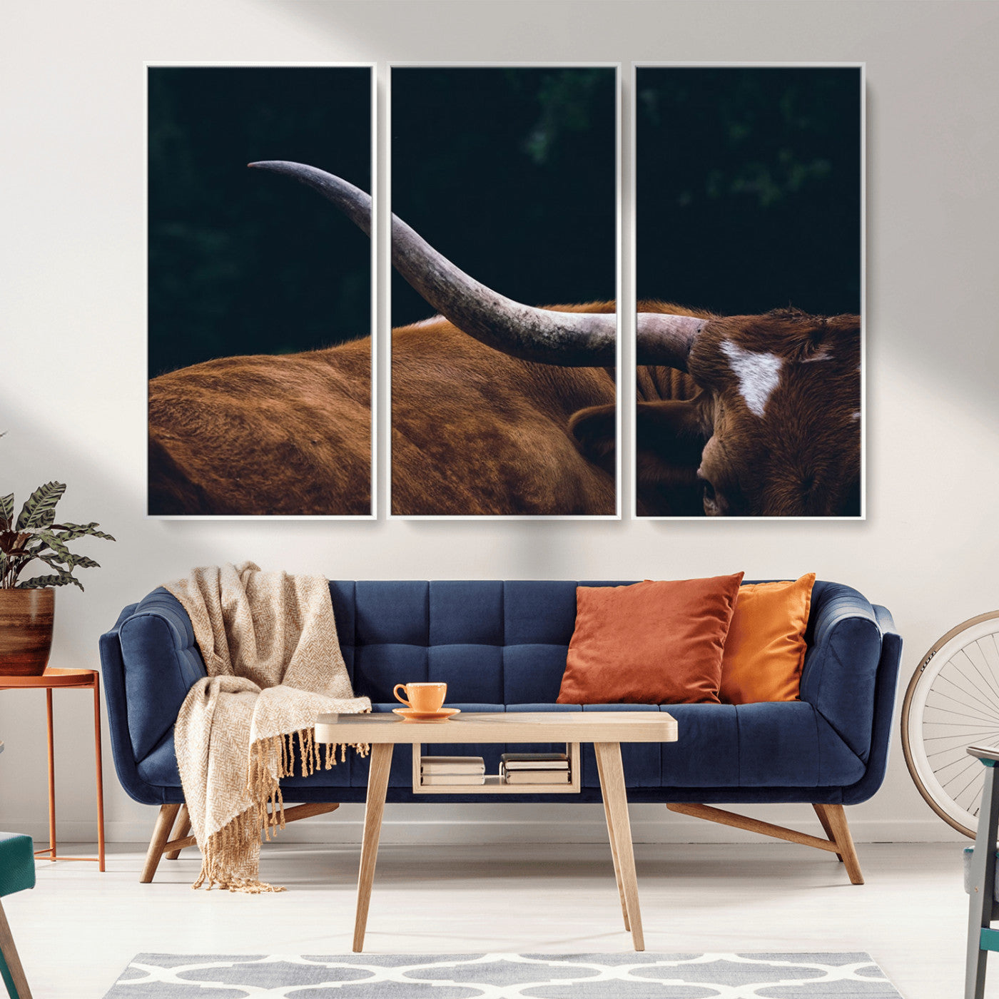 MGV-FC-48X32-3P - Texas Longhorn Bull Wall Art Canvas Print - Large Framed Canvas Wall Art, Animal Print for Rustic Home or Office Décor, Farmhouse Cabin Wall Decor