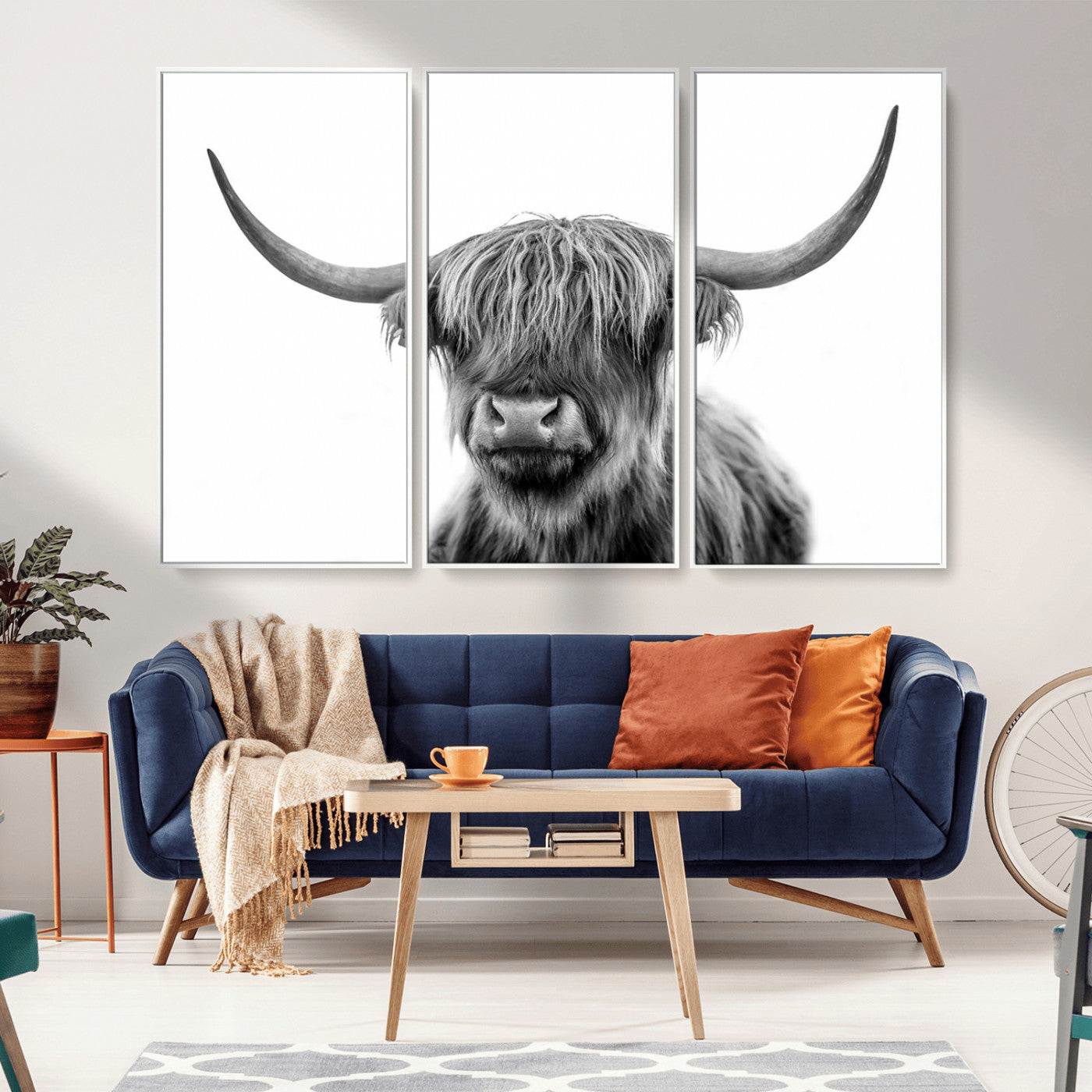MGV-FC-48X32-3P - Grayscale Scottish Highland Cow Cattle Art Print Farmhouse Wall Art Canvas Print