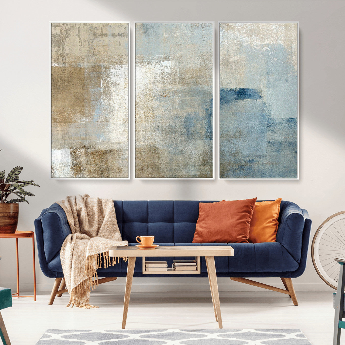 MGV-FC-48X32-3P - Abstract Blue and Beige Wall Art, Modern Minimalist Canvas Print Set, Giclee Textured Art, Large Multi-Panel Artwork for Living Room