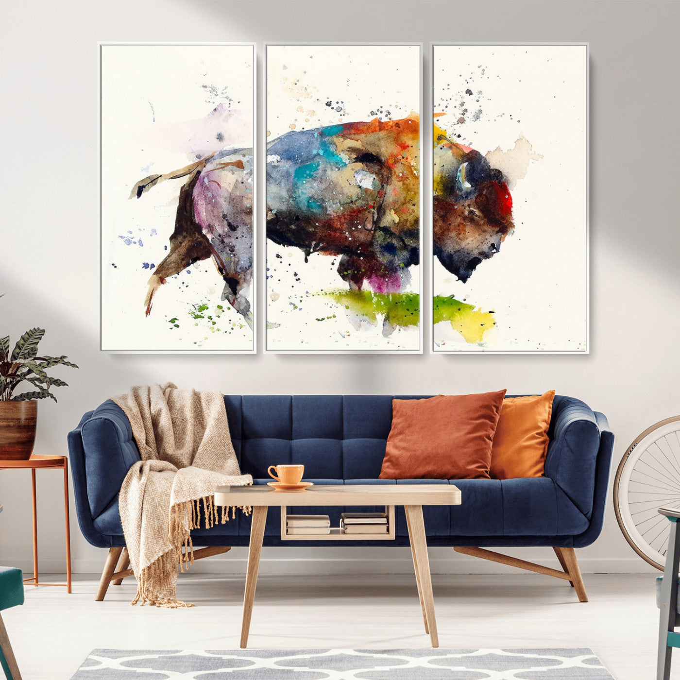 MGV-FC-48X32-3P - Abstract Buffalo Wall Art, Western Watercolor Bison Canvas Print, Rustic Buffalo Art for Cowboy and Western Decor, Large Multi-Panel Giclee Canvas