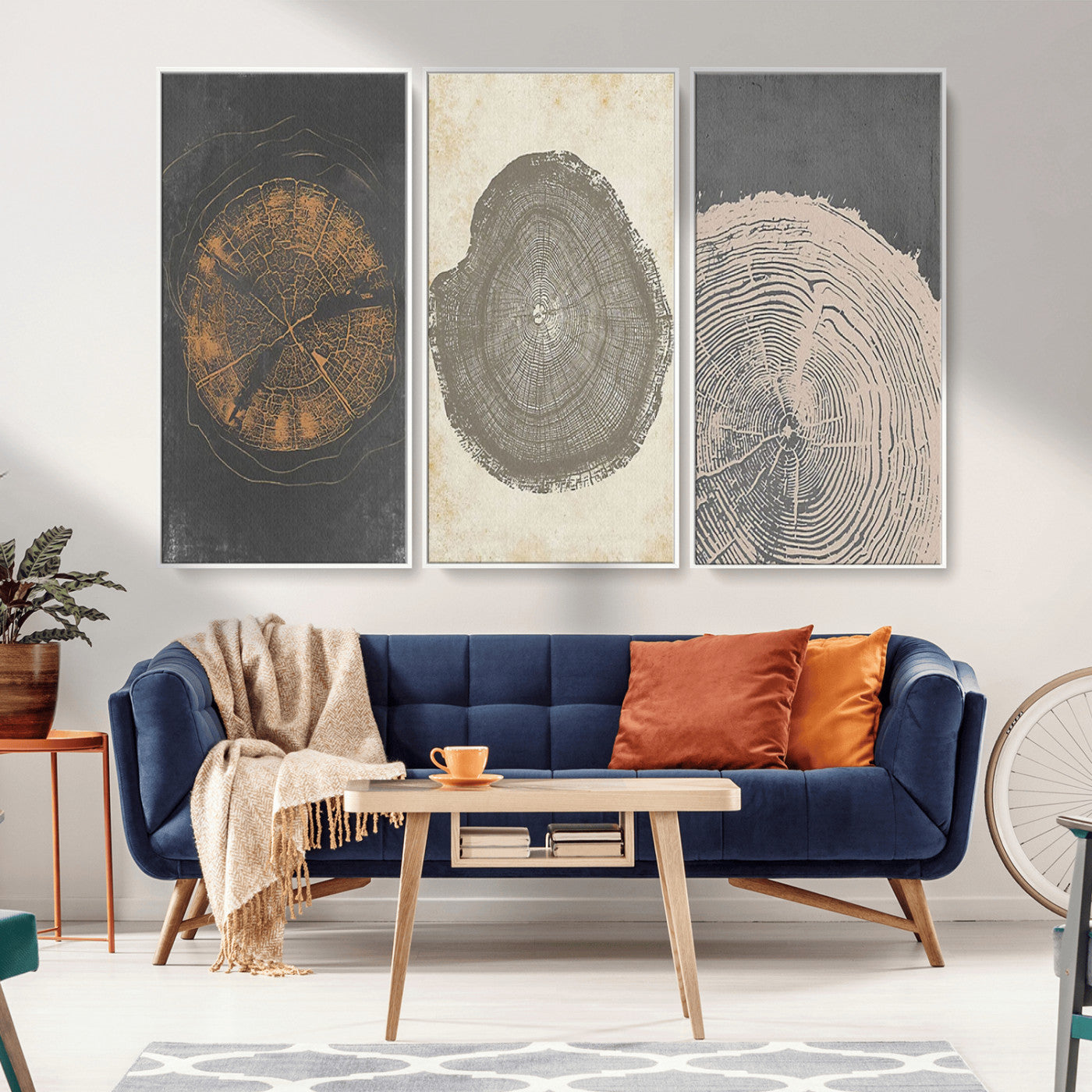MGV-FC-48X32-3P - Boho Tree Ring Wall Art, Modern Minimalist Wood Grain Canvas, Tree Slice for Rustic Decor, Farmhouse Decor Giclee Canvas Print, Tree Ring Canvas Set