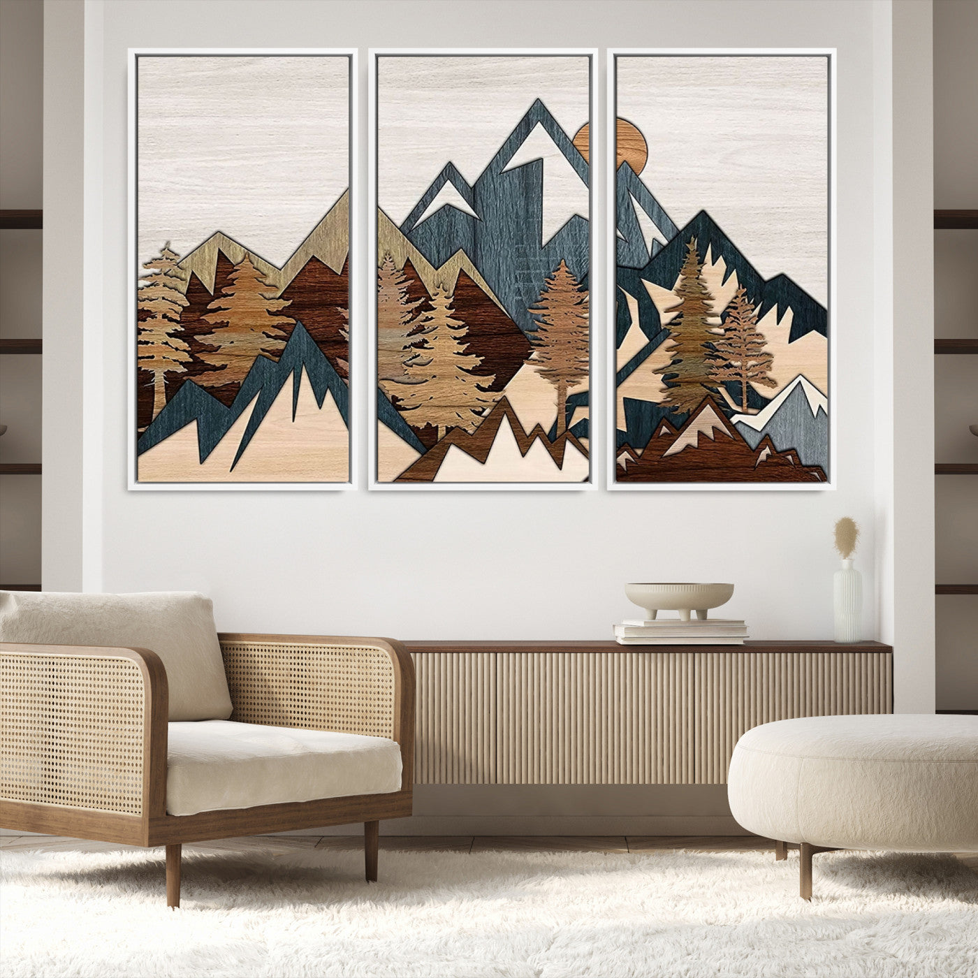 67950-MGV-FC-48X32-3P_White-Rustic Abstract Wood Panel Effect Canvas Mountain Range Top Wood Wall Art Canvas Print