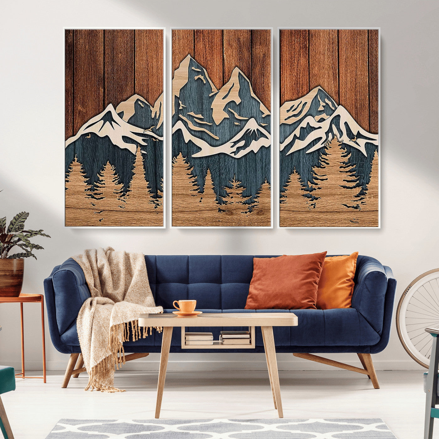 MGV-FC-48X32-3P - Rustic Wood Style Mountain Wall Art, Nature Forest Canvas Print, Wooden Textured Mountain Artwork, Handcrafted Landscape Decor for Farmhouse Decor