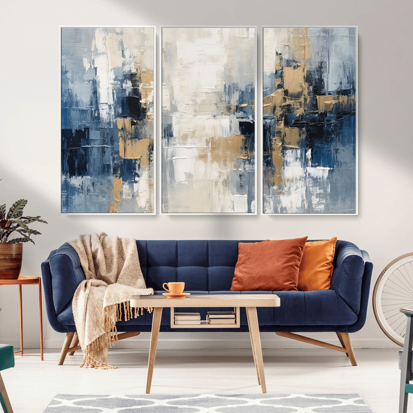 -Modern Abstract Canvas Wall Art in Blue and Gold Tones | Large Contemporary Art for Living Room,