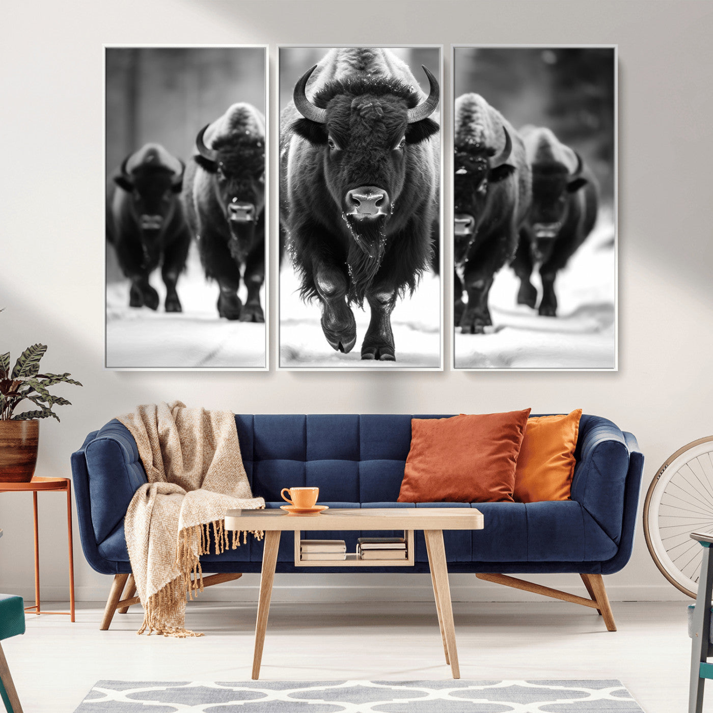 MGV-FC-48X32-3P - American Bison Art | Buffalo Herd Wall Art Canvas Print, BW American Bison Herd Wall Art Canvas Print