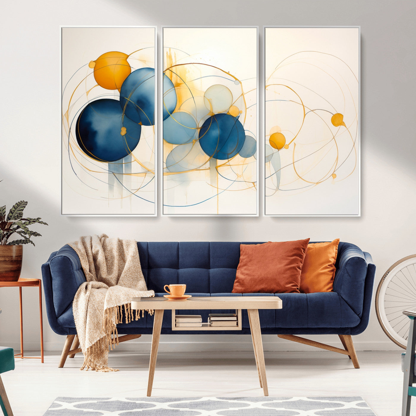 -Geometric Blue Orange Abstract Wall Art Canvas, Geometric Blue Orange Canvas Print