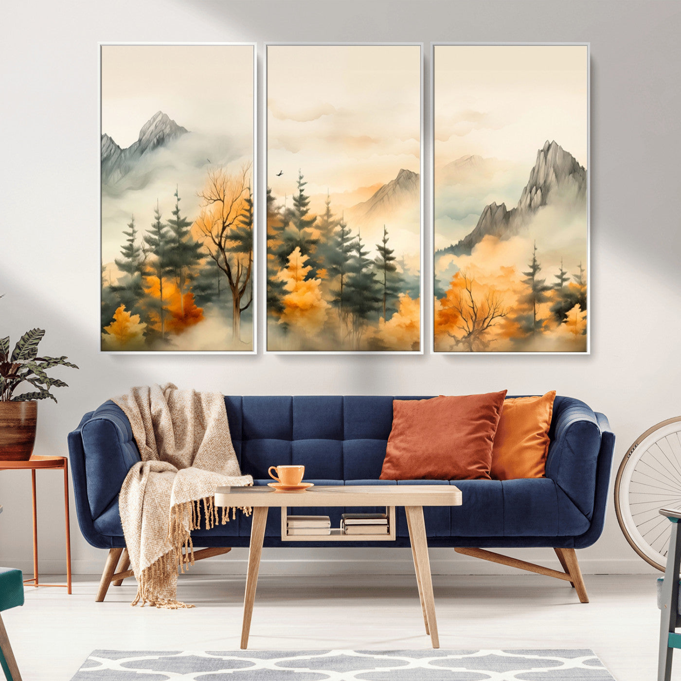 MGV-FC-48X32-3P - Abstract Watercolor Mountains and Trees Autumn Art, Watercolor Mountains and Trees Canvas Print