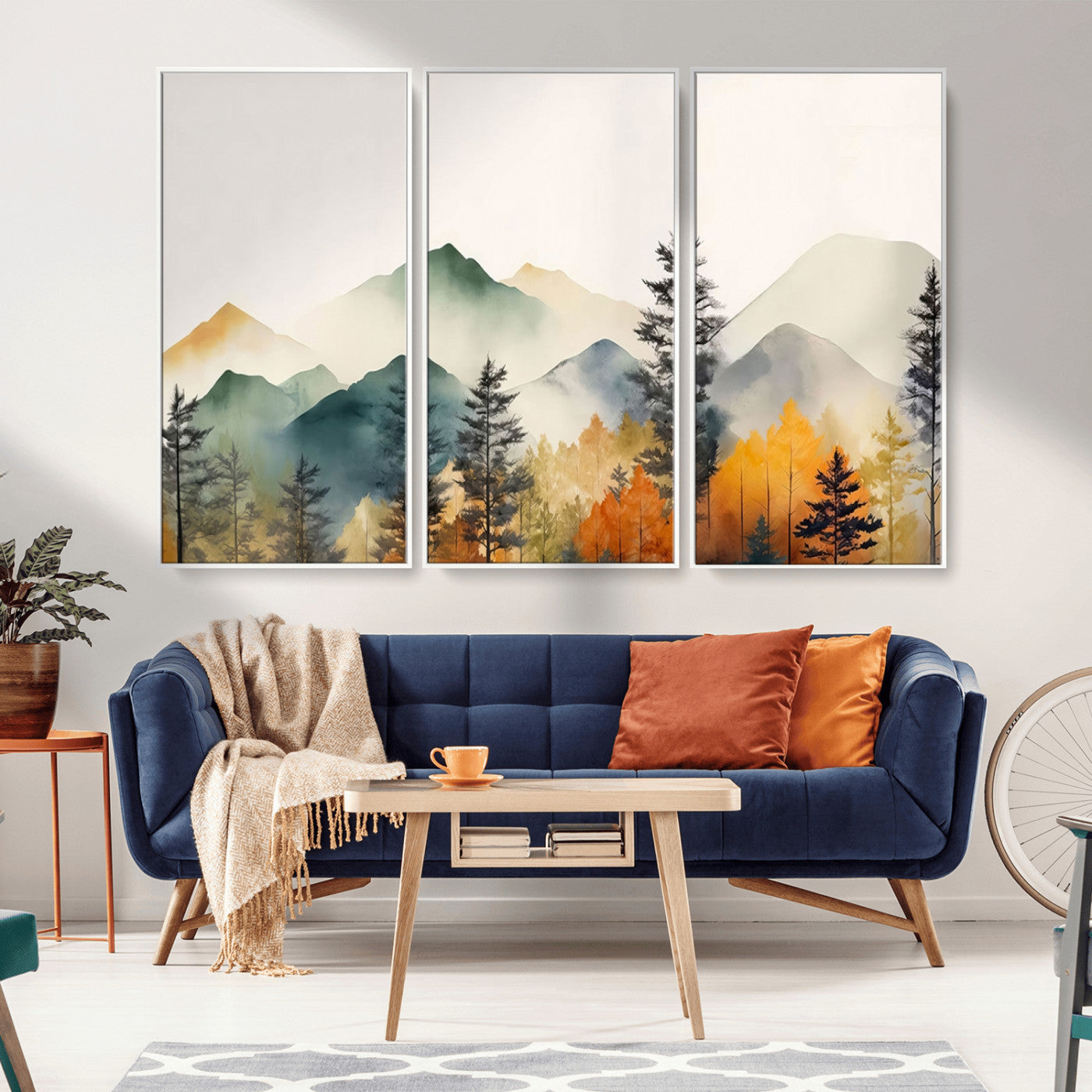 MGV-FC-48X32-3P - Abstract Watercolor Mountains and Trees Autumn Wall Art, Mountains and Trees Autumn Wall Art Canvas
