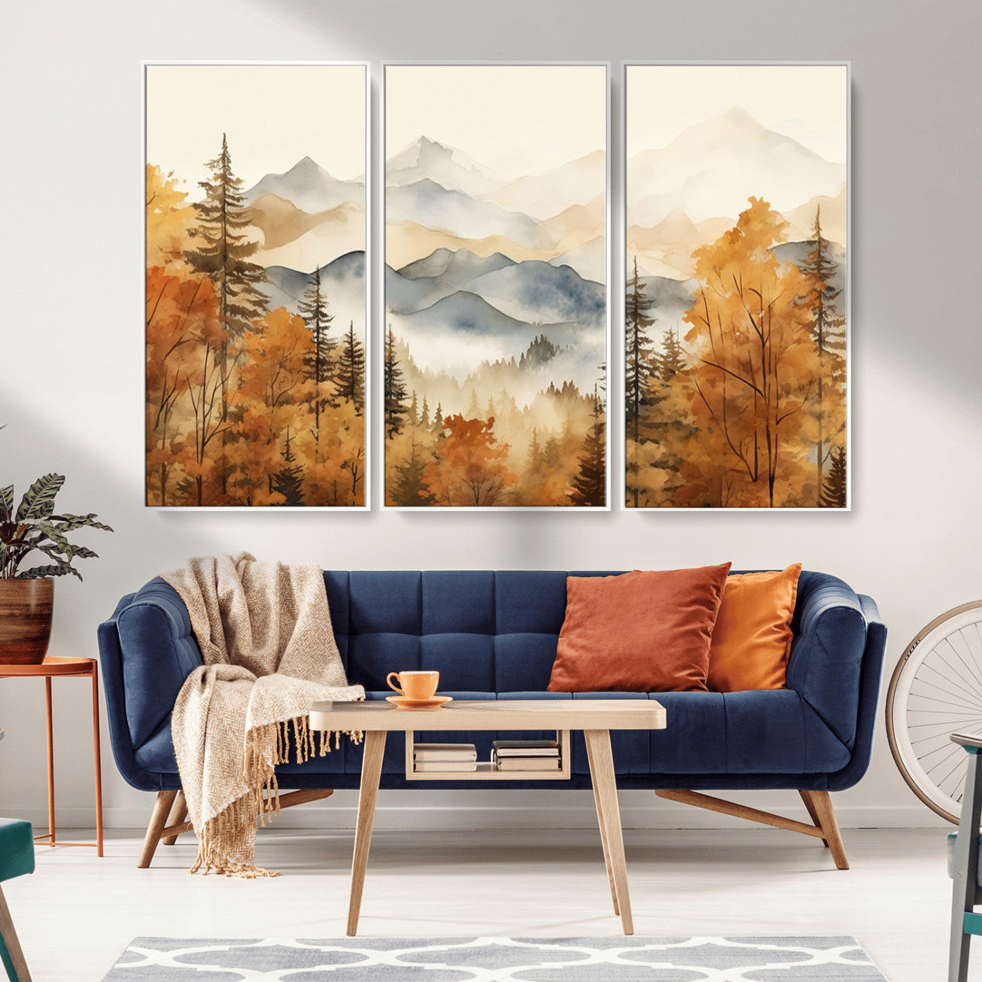 MGV-FC-48X32-3P - Golden Autumn Forest Wall Art | Mountain Landscape Canvas Print for Living Room or Bedroom | Large Wall Decor with Nature-Inspired Design