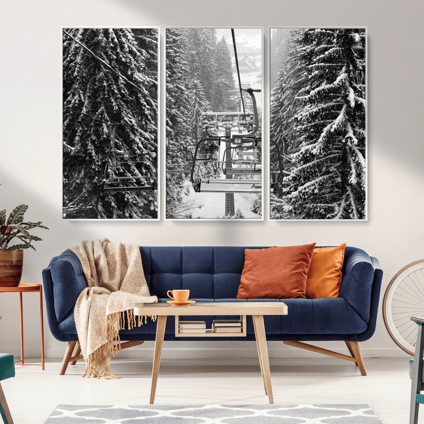 MGV-FC-48X32-3P - Winter Ski Lift Black and White Canvas Wall Art – Alpine Escape in Minimalist Style – Ready to Hang