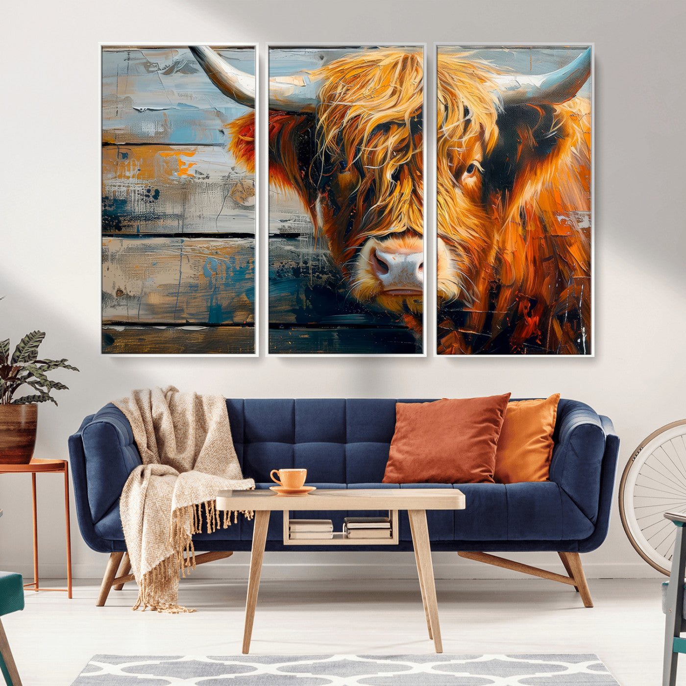 -Highland Cow Abstract Canvas Wall Art – Bold Farmhouse Rustic Decor – Ready to Hang