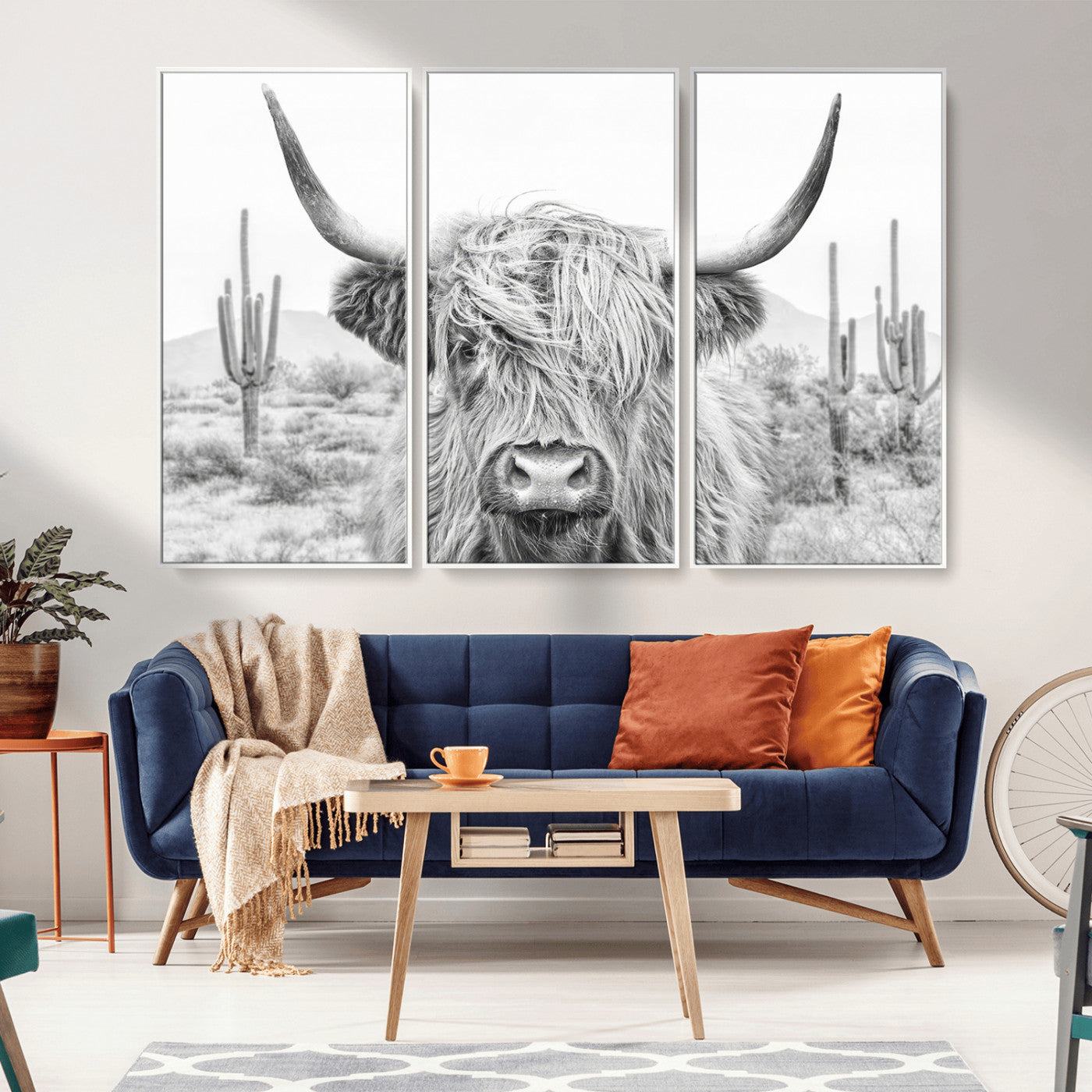 -Rustic Charm | Cow Longhorn Black White Bighorn Wall Art Canvas Print | Farmhouse Wall Art