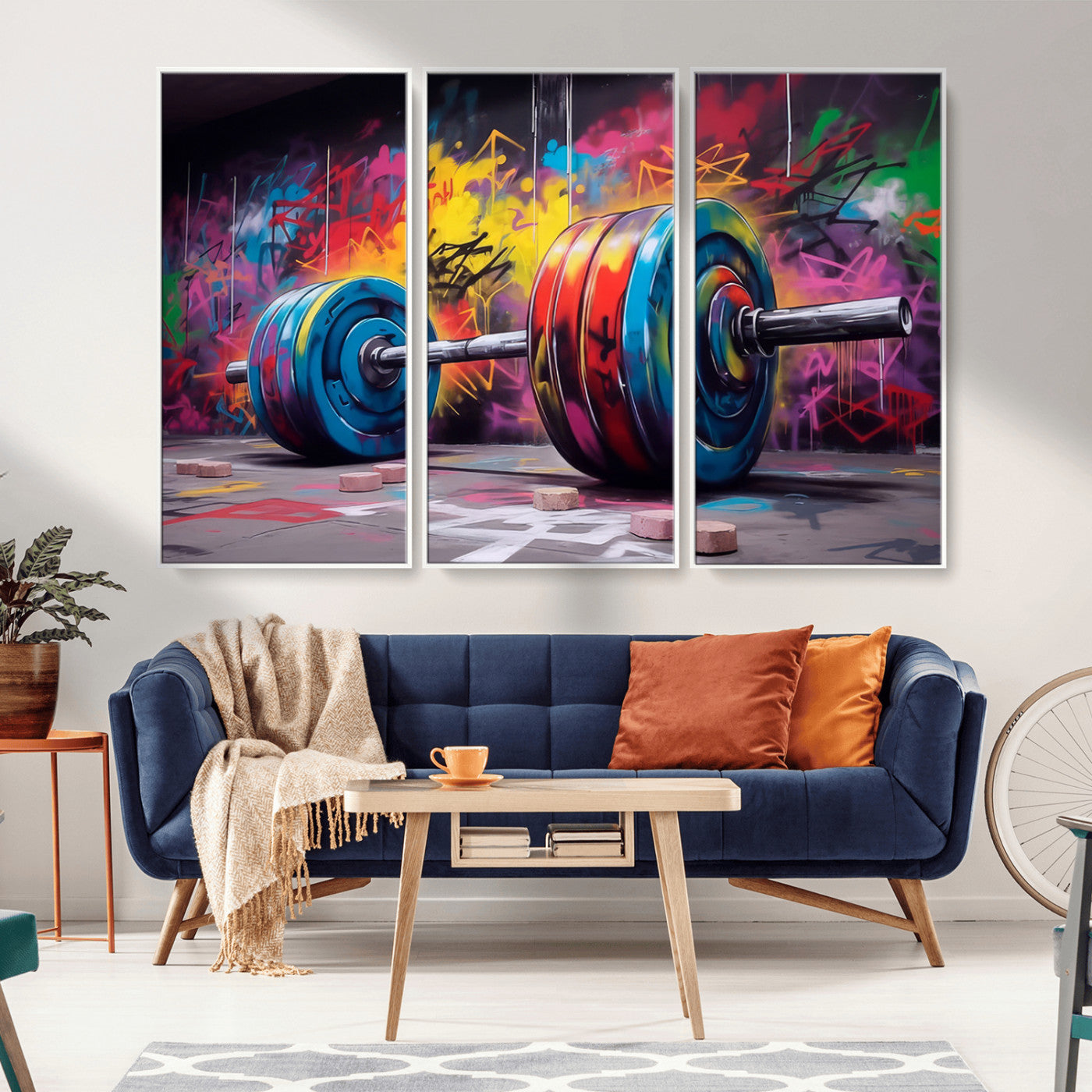 MGV-FC-48X32-3P - Abstract Graffiti Barbell Canvas Wall Art – Urban Fitness Meets Bold Street Art Print - Gym Wall Art Print