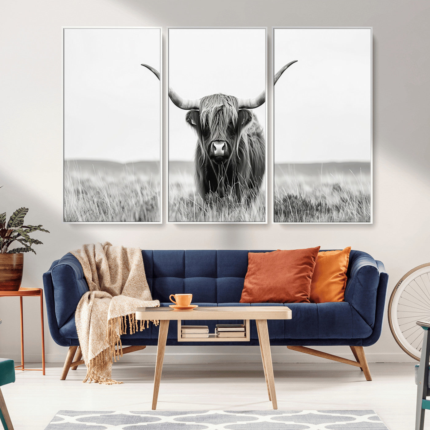 MGV-FC-48X32-3P - Highland Cow Canvas Wall Art – Majestic Beauty in Black and White – Ready to Hang