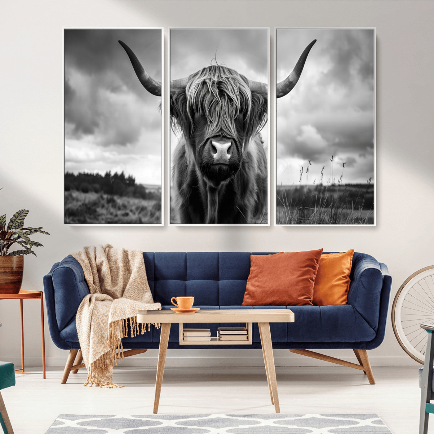 MGV-FC-48X32-3P - Scottish Cow Wall Art Canvas Print | Longhorn Wall Art | Bighorn Animal Wall Art